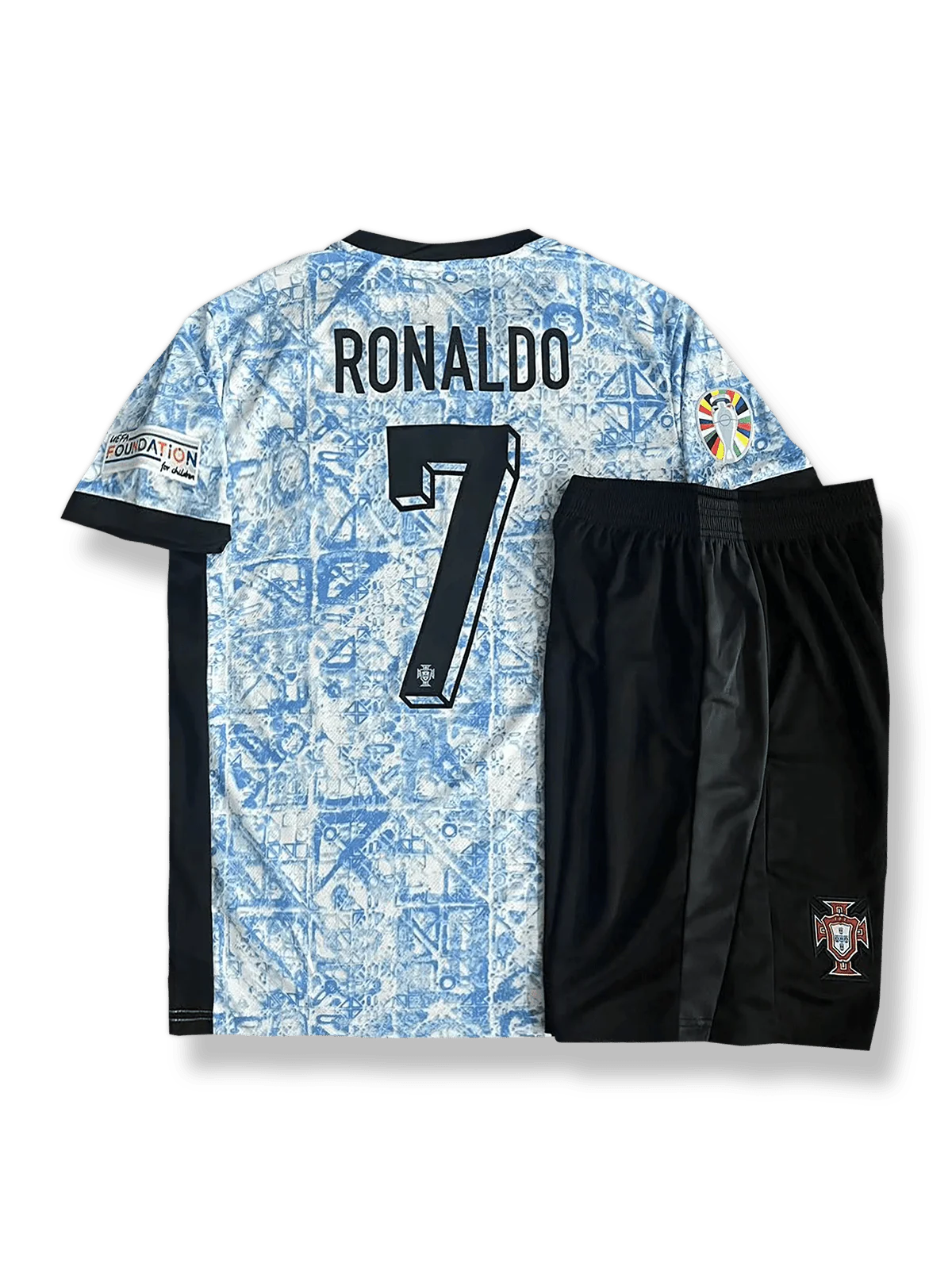 2024年欧州選手権ポルトガル代表アウェイシャツとパンツセット クリスティアーノ・ロナウド 背番号7 白 赤緑アクセント ポルトガル連盟エンブレム刺繍