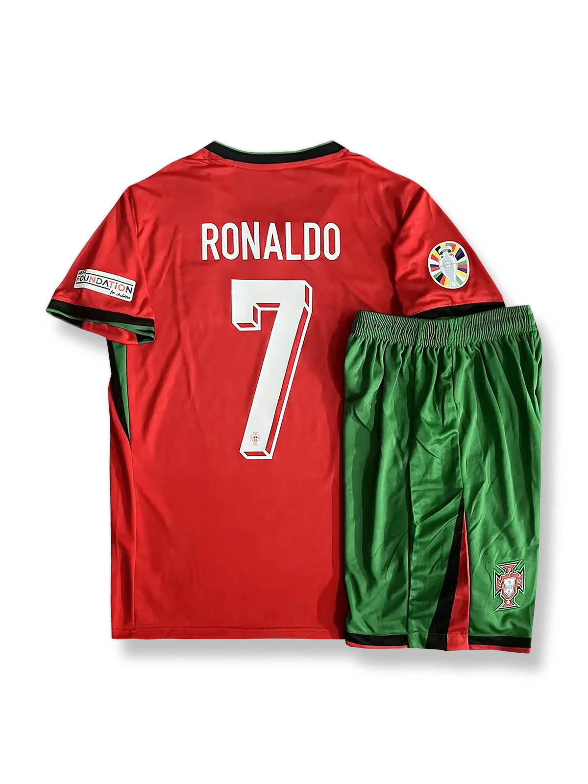 2024年欧州選手権ポルトガル代表ホームシャツとパンツセット クリスティアーノ・ロナウド 背番号7 赤 緑アクセント ポルトガル連盟エンブレム刺繍