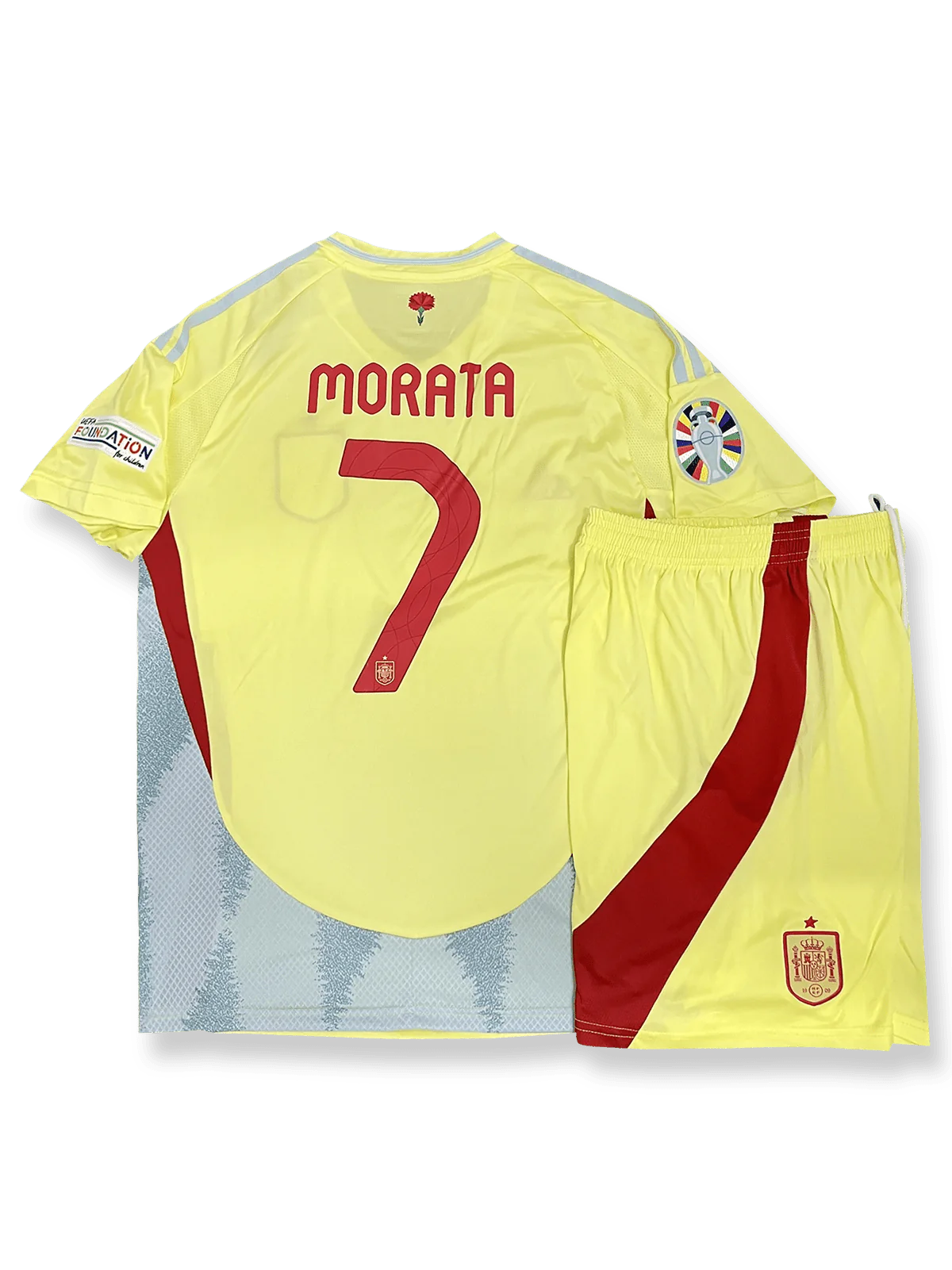 2024年欧州選手権スペイン代表アウェイシャツとパンツセット アルバロ・モラタ 背番号7 白 赤紺アクセント スペイン連盟エンブレム刺繍