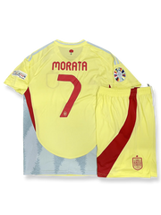 2024年欧州選手権スペイン代表アウェイシャツとパンツセット アルバロ・モラタ 背番号7 白 赤紺アクセント スペイン連盟エンブレム刺繍