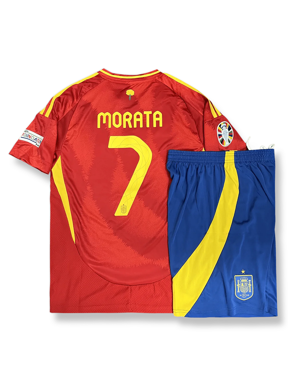 2024年欧州選手権スペイン代表ホームシャツとパンツセット アルバロ・モラタ 背番号7 赤 黄紺アクセント スペイン連盟エンブレム刺繍