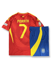 2024年欧州選手権スペイン代表ホームシャツとパンツセット アルバロ・モラタ 背番号7 赤 黄紺アクセント スペイン連盟エンブレム刺繍