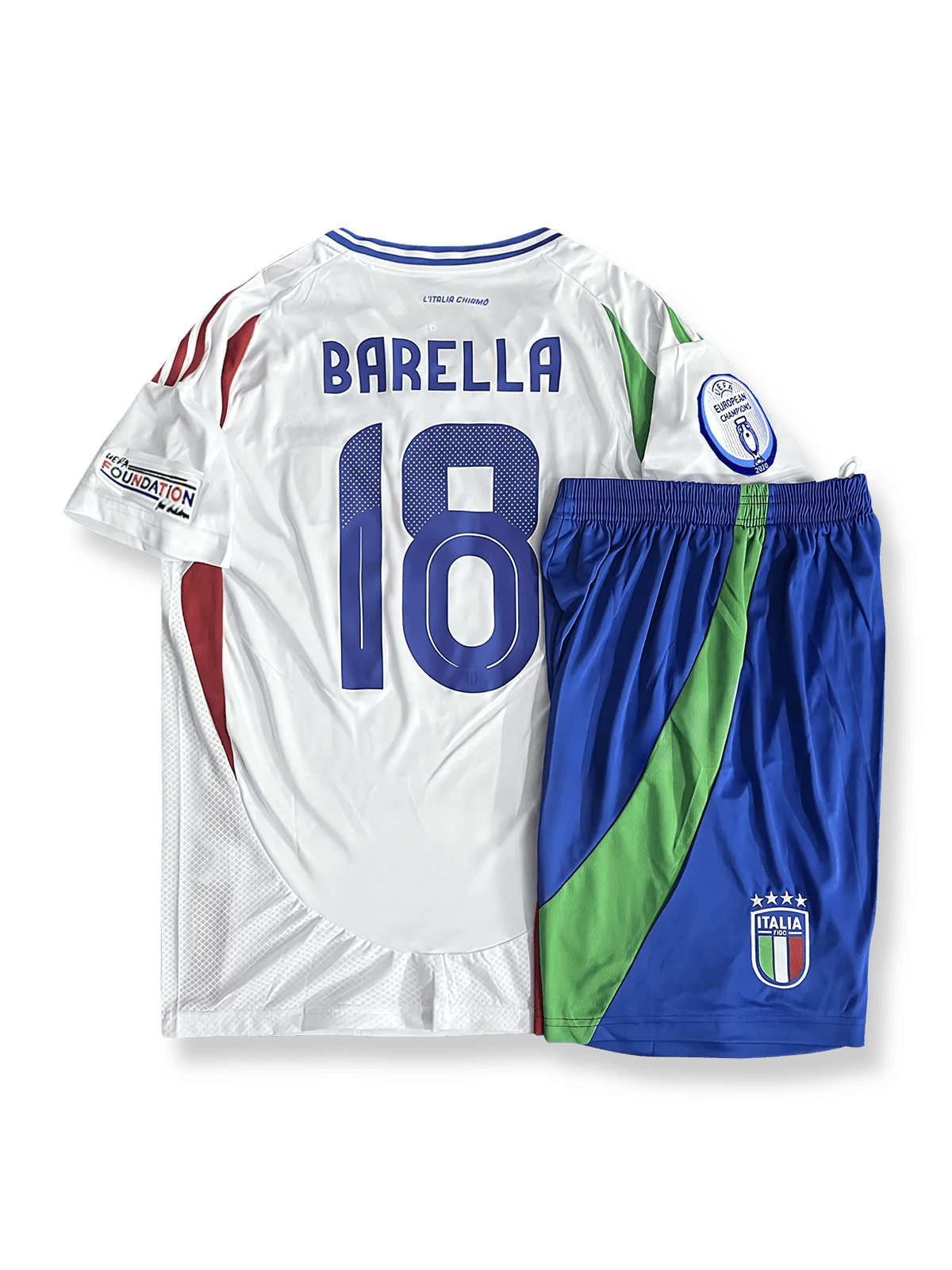 2024年イタリア代表アウェーシャツ&パンツセット18番バレッリ、白地にアズーリブルーのアクセントが映えるモダンデザイン。