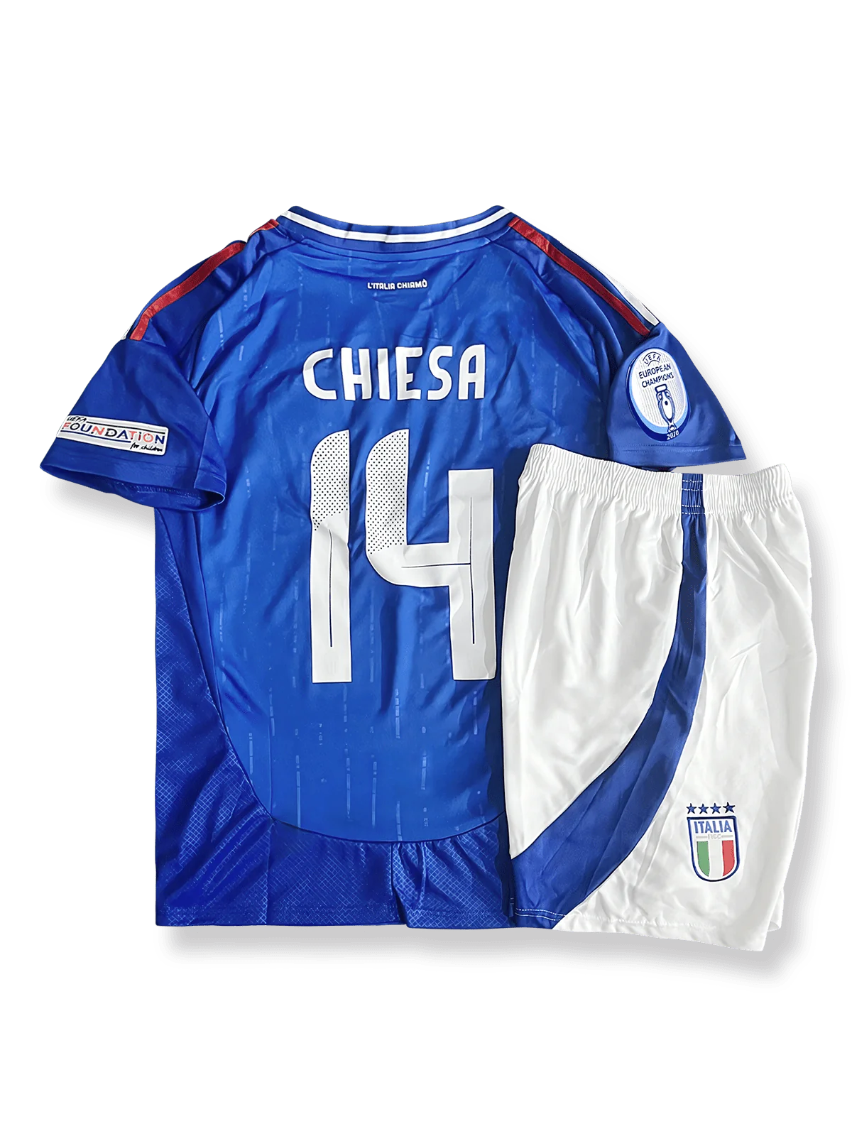 2024年イタリア代表ホームシャツ&パンツセット14番キエーザ、伝統のアズーリブルーを基調としたモダンストライプデザインで躍動を映し出す一着。