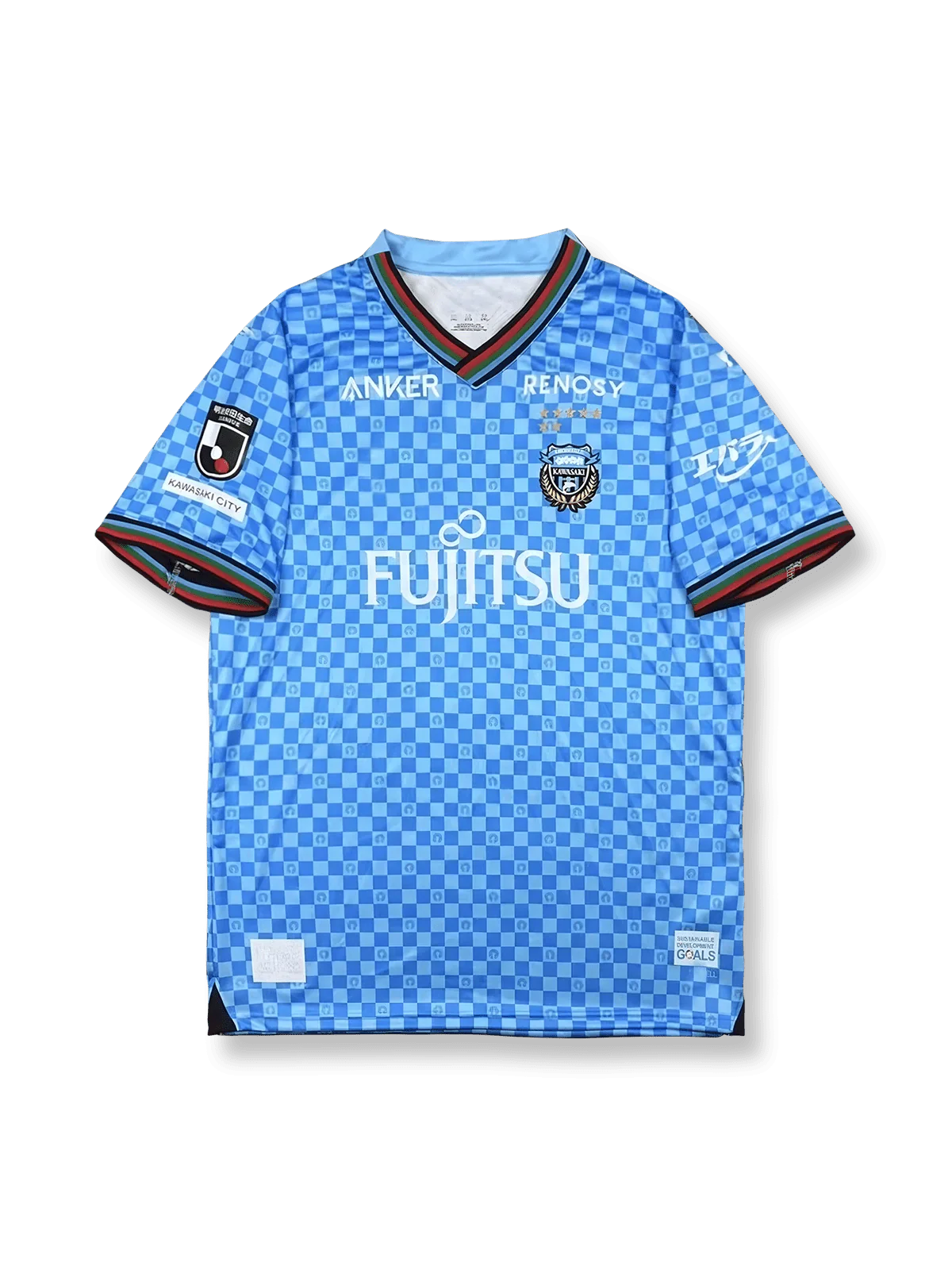 2024年川崎フロンターレホームユニフォーム ブルー 黒白アクセント クラブエンブレム刺繍