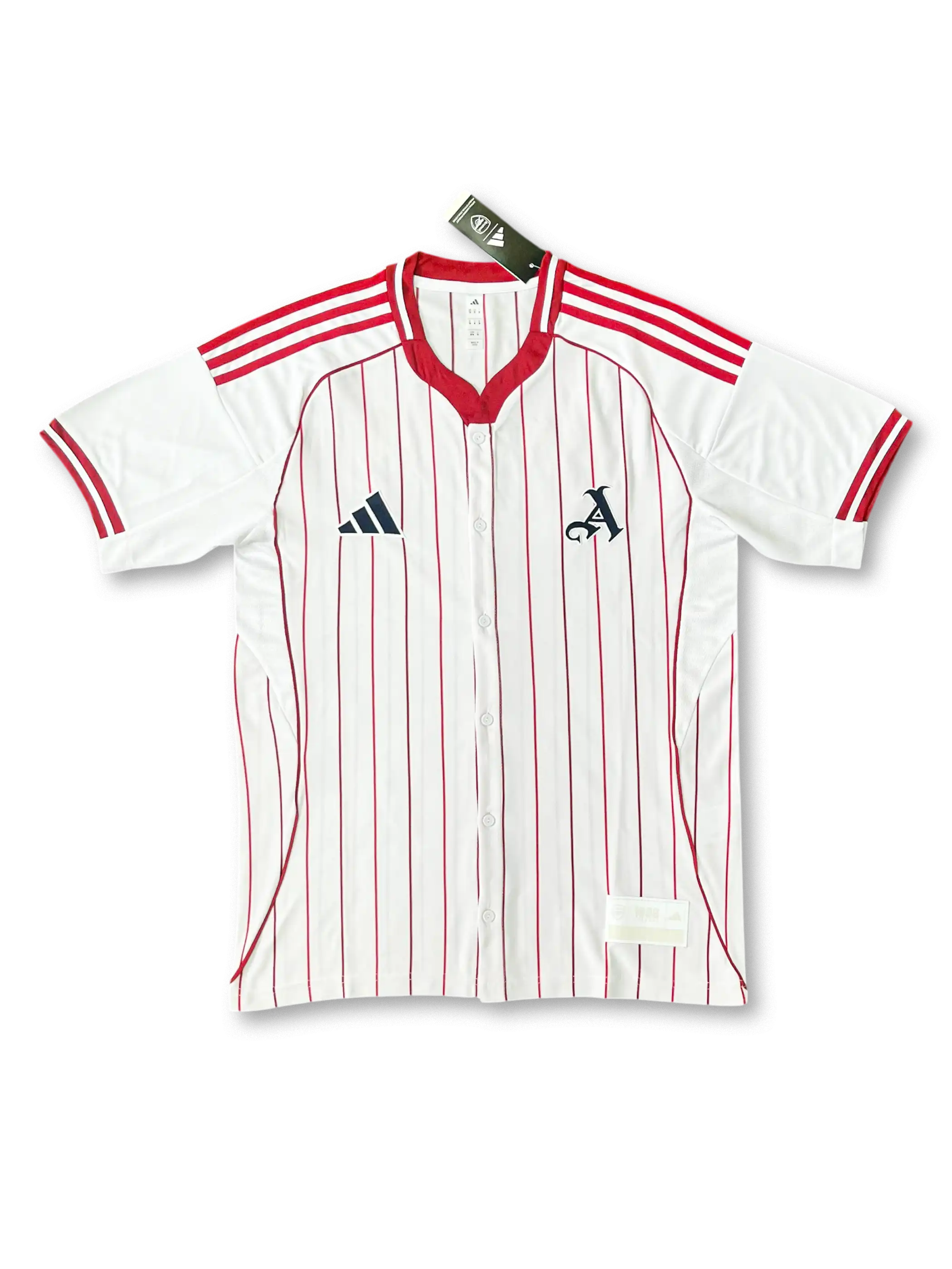 2025-26 アーセナル ホワイト ベースボールシャツ 正面デザイン ピンストライプ