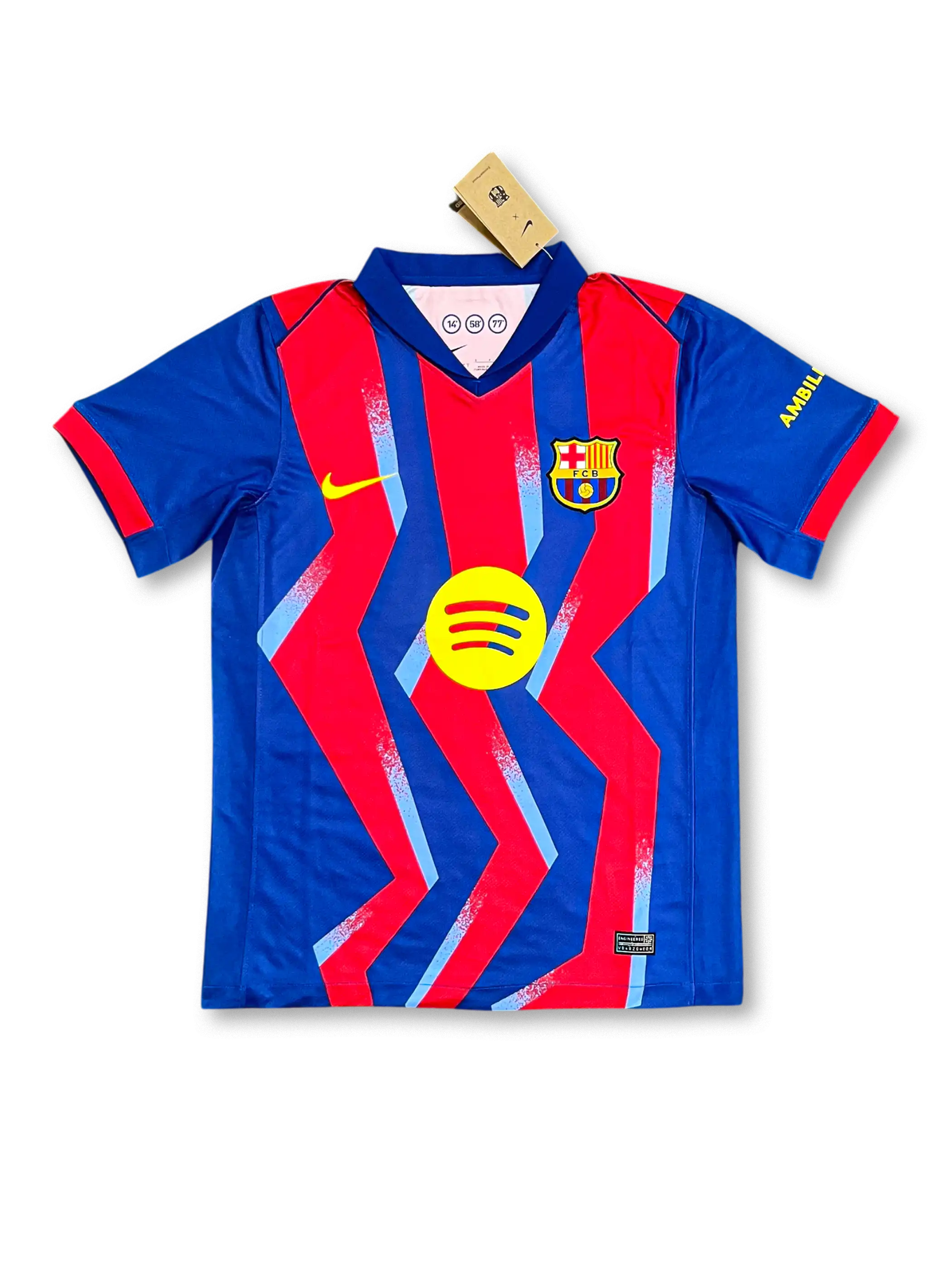 2025-26年FCバルセロナ サードユニフォーム 正面、ジグザグストライプデザインとSpotifyロゴ