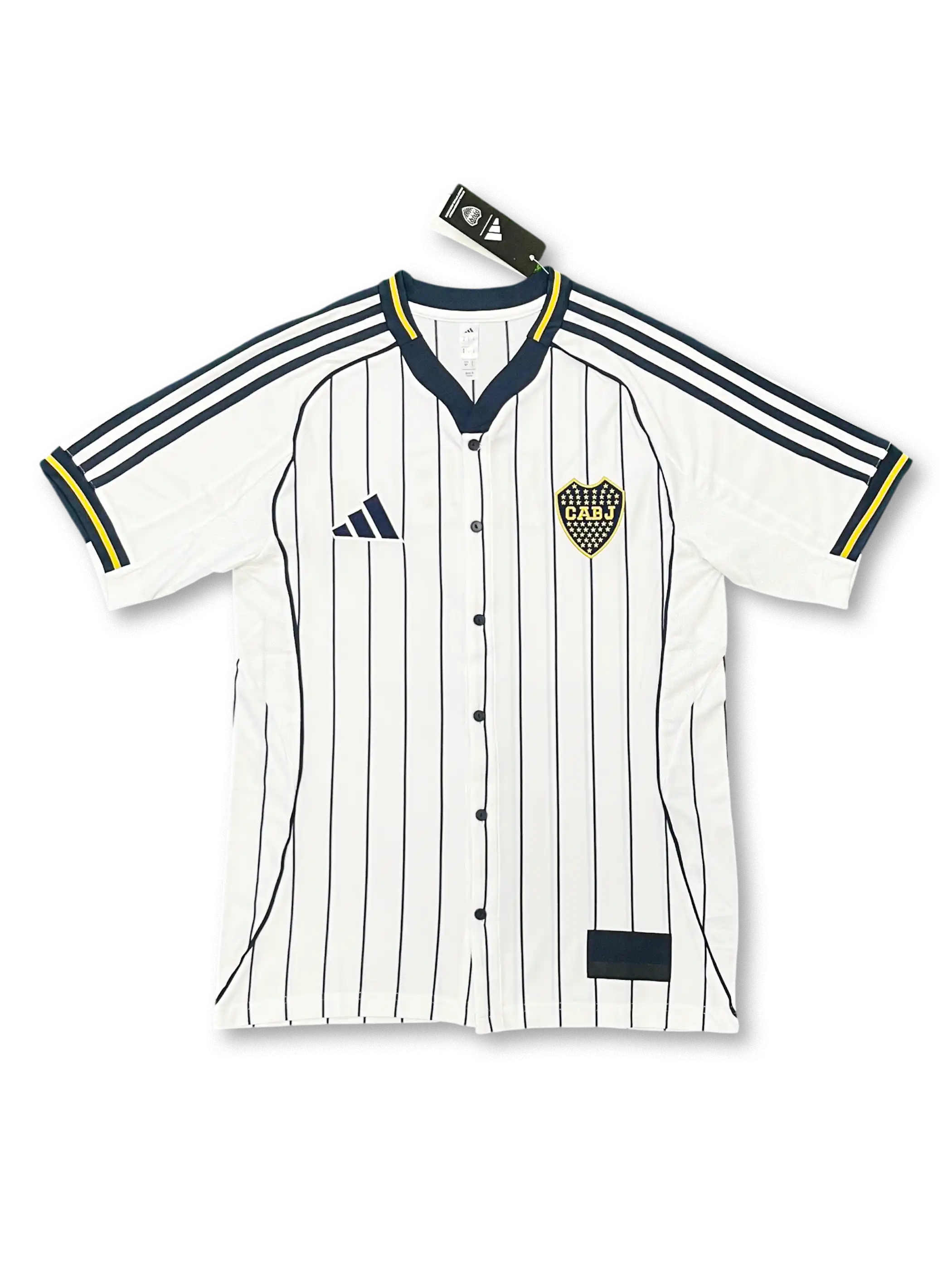 2025-26 ボカ・ジュニオルス ホワイト ベースボールシャツ 正面デザイン ピンストライプ