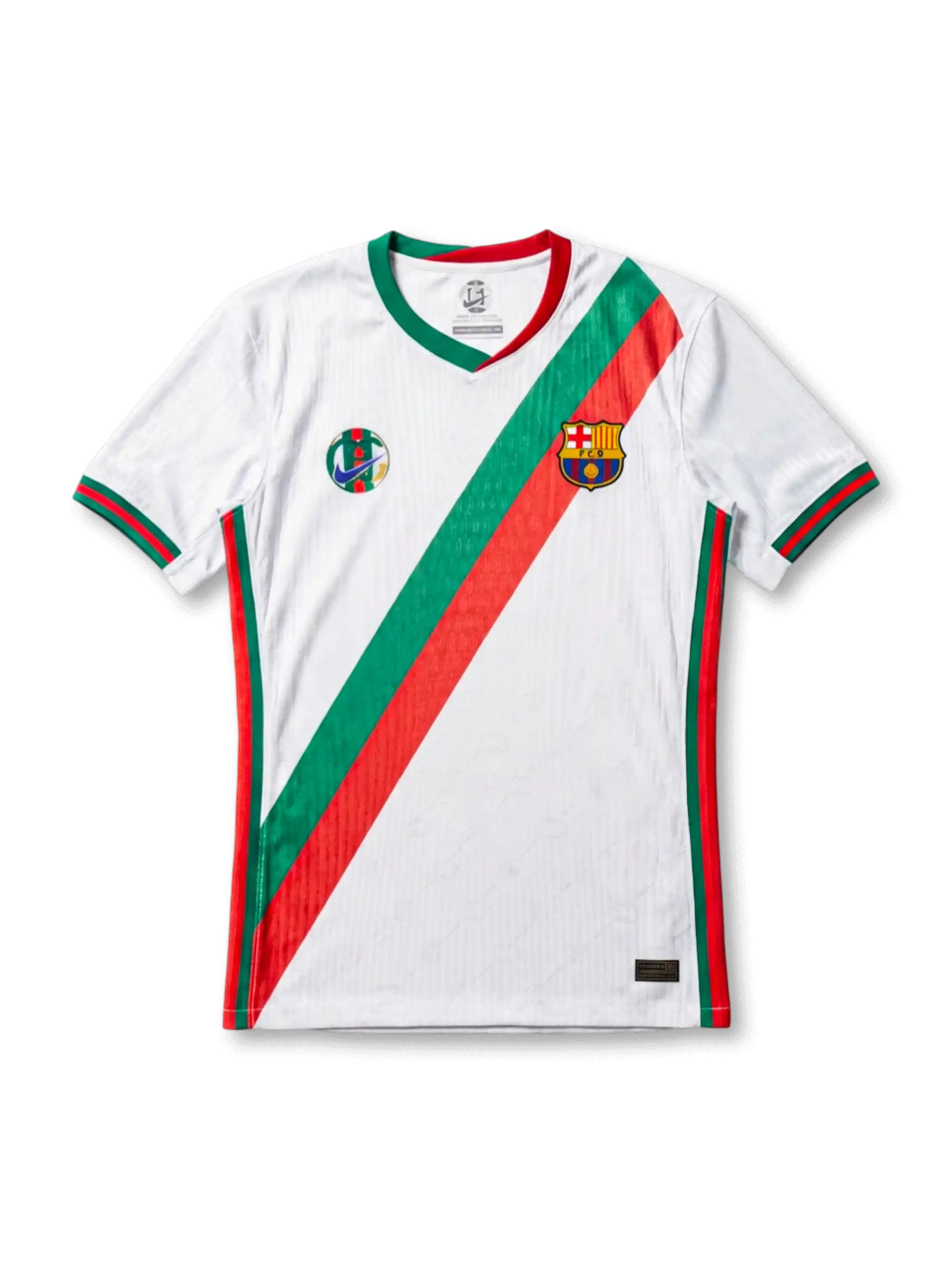 FCバルセロナ×Gucci×Nike 2025スペシャルエディション正面、ホワイト×グリーン赤ダイアゴナルストライプ・GucciNikeコンビロゴ・FCBエンブレム・縦リブテクスチャ素材