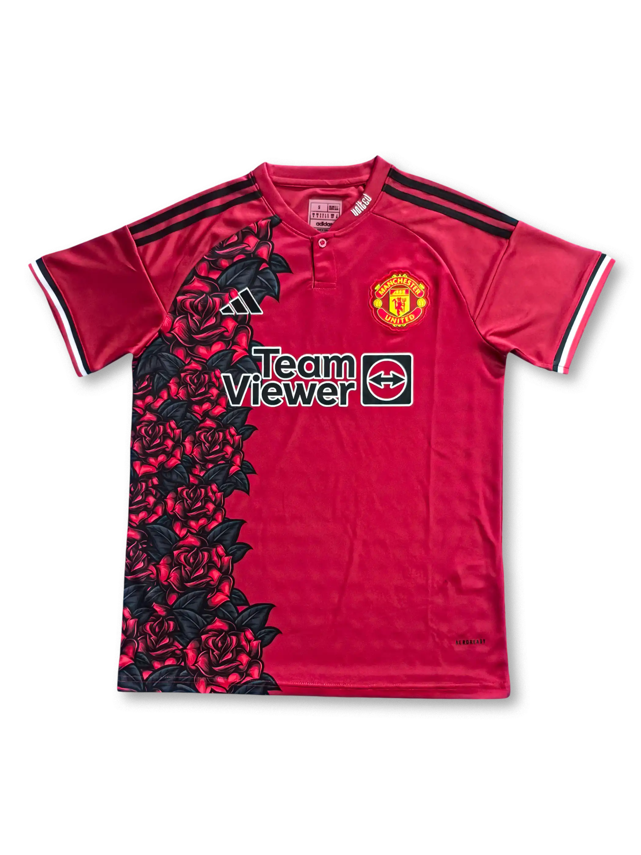 2025年マンチェスター・ユナイテッド 薔薇特別版ユニフォーム 正面、黒赤ローズグラフィック
