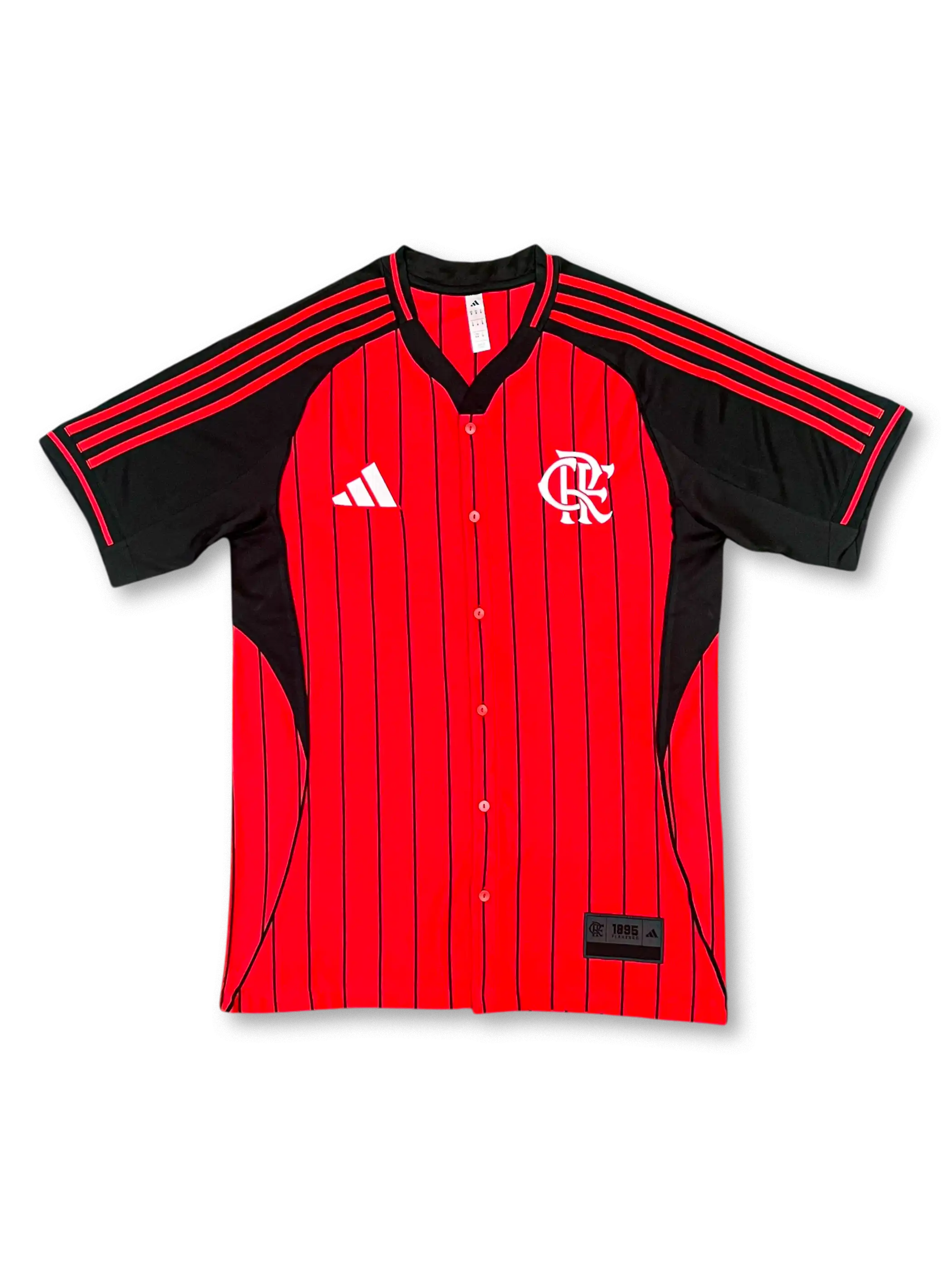 2526 フラメンゴ ベースボールシャツ 正面デザイン 赤黒ピンストライプ