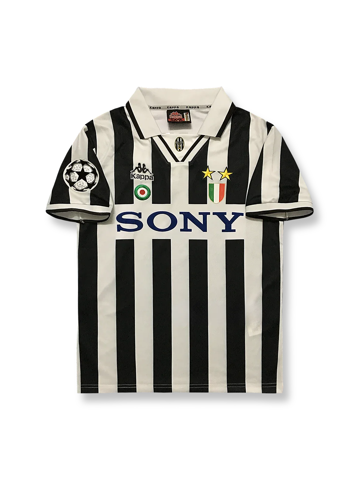 製品画像: 1995-1997シーズン ユヴェントス ホーム チャンピオンズリーグ ユニフォーム ピエロ10番 正面、クラシック 黒白ストライプ サッカー シャツ
詳細画像: 背面のピエロ10番 手作業 フロックプリント ディテール、レトロ フットボール ユニフォーム