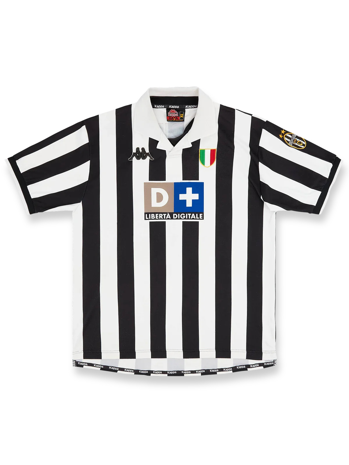 製品画像: 1998-1999年 ユヴェントス ホーム ユニフォーム ピエロ10番 正面、クラシック 黒白ストライプ、レッドの番号 デザイン
詳細画像: 背面のピエロ10番 レッド 手作業 フロックプリント ディテール、レトロ ユヴェントス ユニフォーム