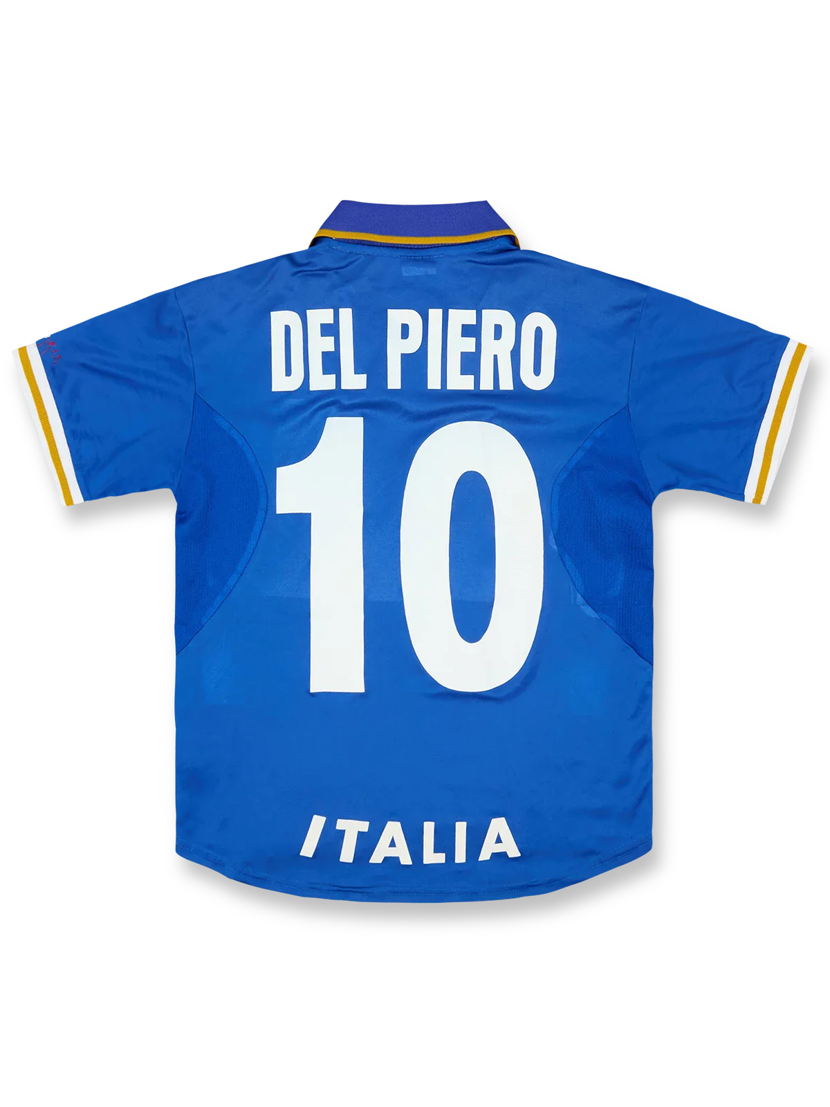 製品画像: 1996-1997年 イタリア代表 ホーム ユニフォーム ピエロ10番 正面、クラシック ブルーデザイン サッカーシャツ
詳細画像: 背面のピエロ10番 白 手作業 フロックプリント ディテール、レトロ イタリア代表 ユニフォーム