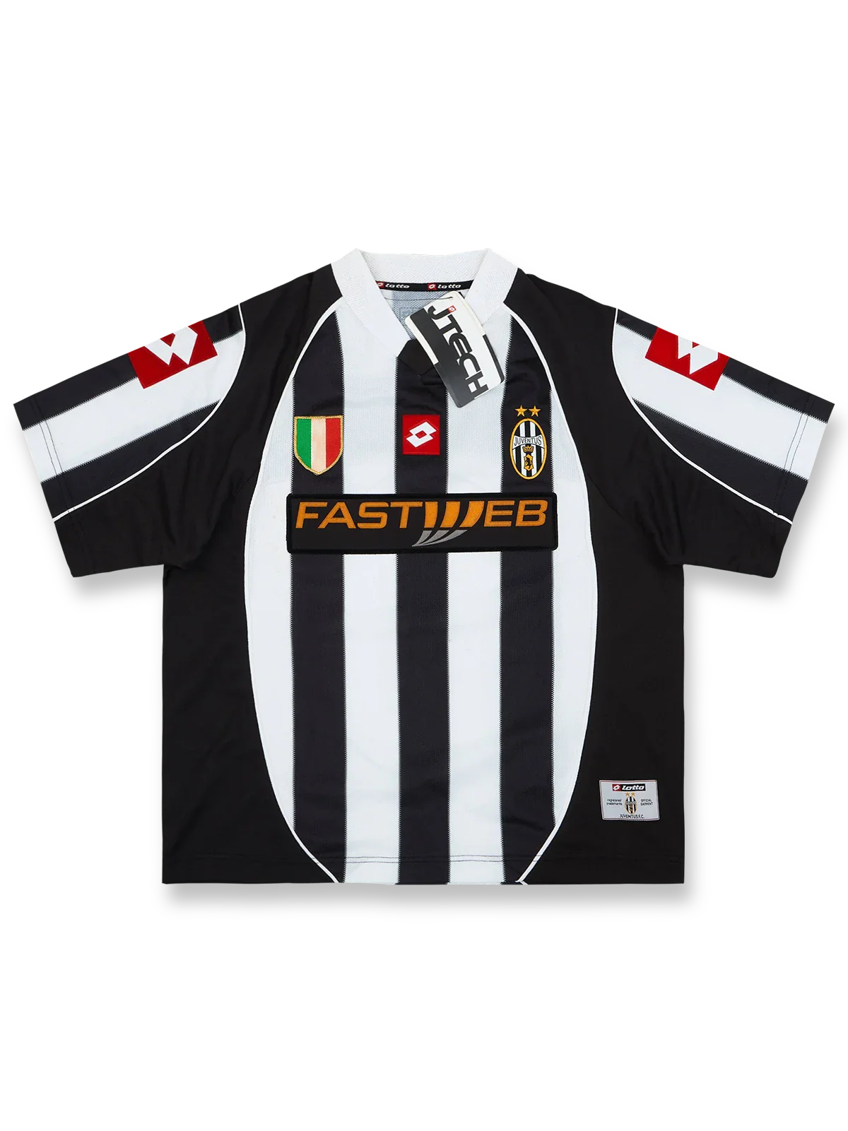製品画像: 2002-2003年 ユヴェントス ホーム ユニフォーム ピエロ10番 正面、クラシック 黒白ストライプ サッカーシャツ
詳細画像: 背面のピエロ10番 黒フォント ディテール、レトロ ユヴェントス ユニフォーム