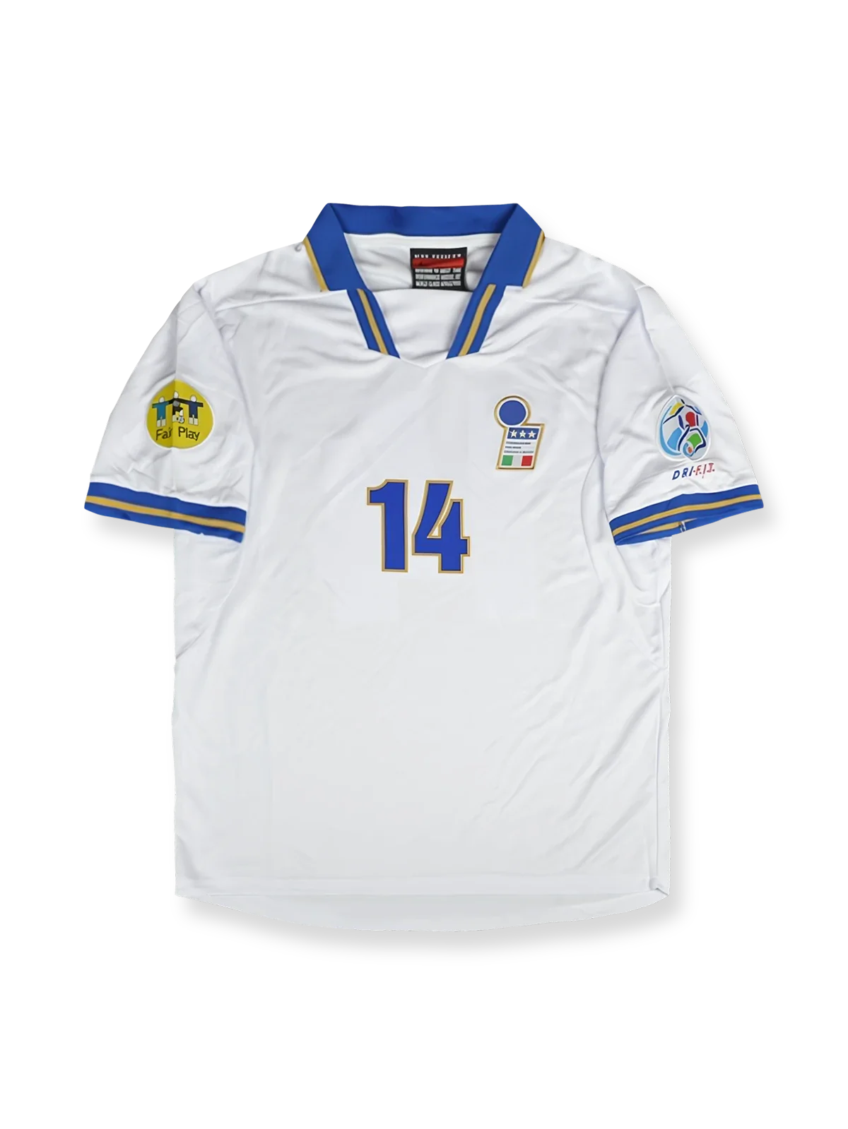製品画像: 1996年イタリア代表アウェイ白色ユニフォーム ピエロ14番の正面
詳細画像: 背面のピエロ14番「DEL PIERO」ブルーとイエローの縁取りの詳細