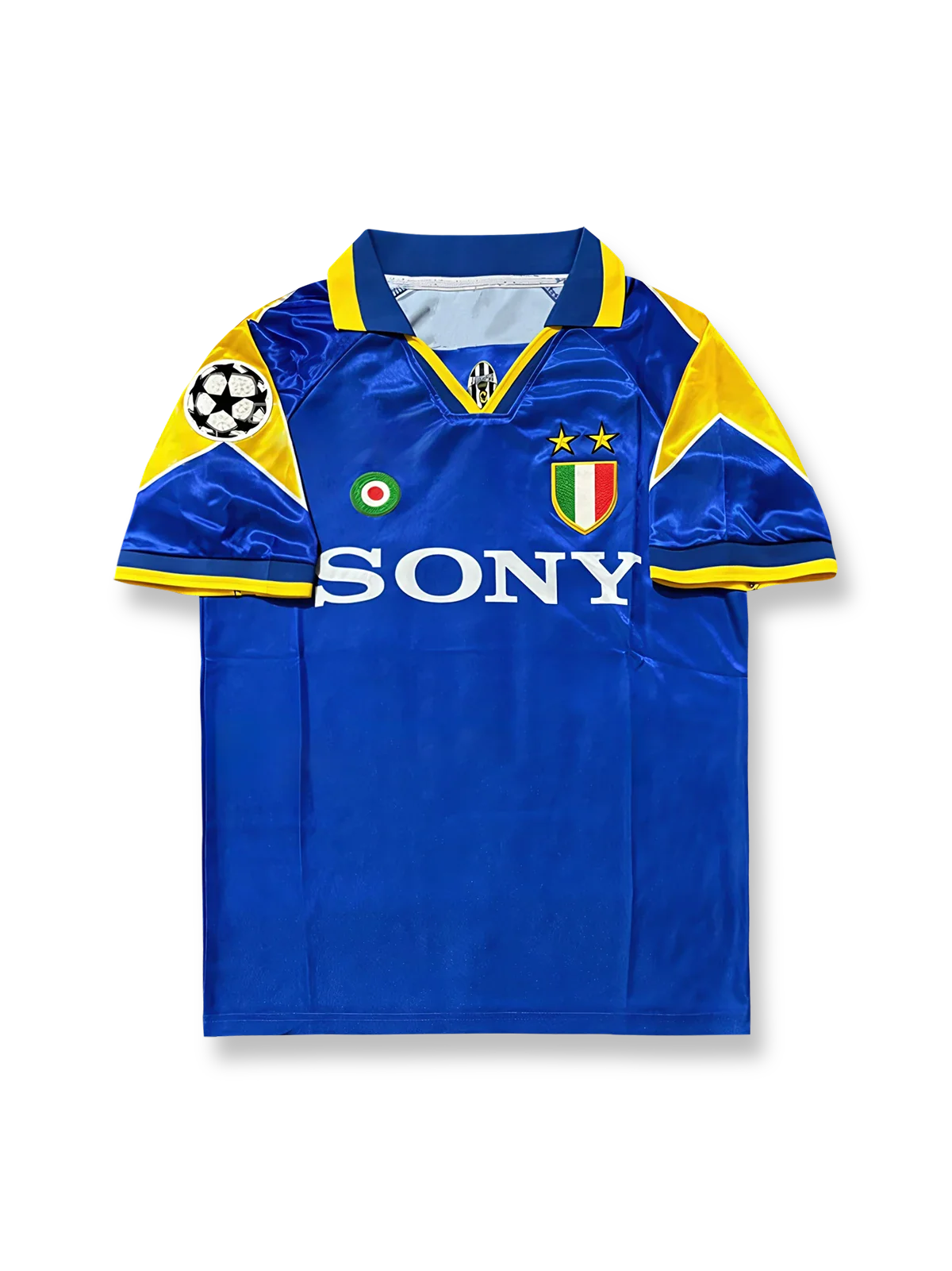 製品画像: 1995-1996シーズン ユヴェントス UEFAチャンピオンズリーグ決勝 アウェイユニフォーム ピエロ10番 正面、ブルーデザイン、クラシック ユヴェントス サッカーシャツ
詳細画像: 背面のピエロ10番 白色フォント ディテール、ユヴェントス アウェイ ユニフォーム、1995-1996シーズン