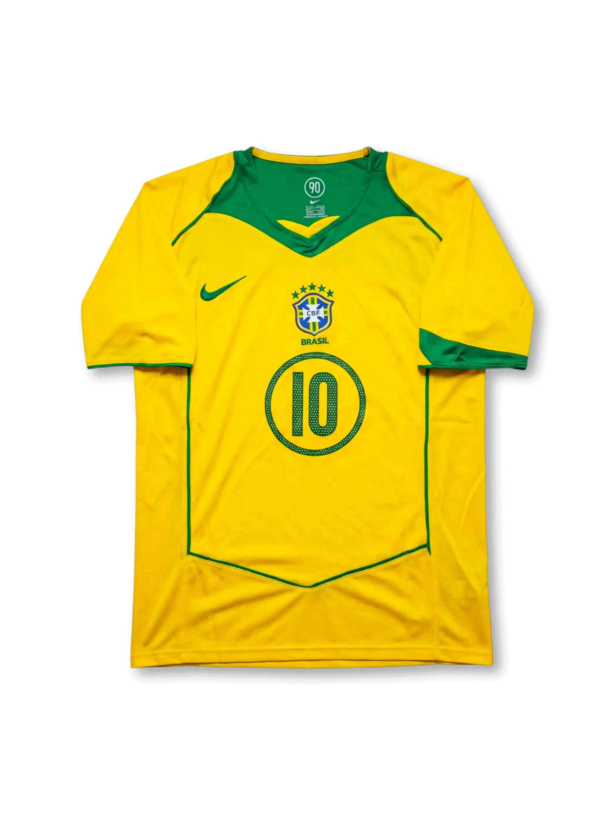ブラジル代表 2004 ホームジャージの正面、イエローボディ、グリーン切り替え、CBFエンブレム、BRASIL表記、円形フレーム入り10番が見えるデザイン