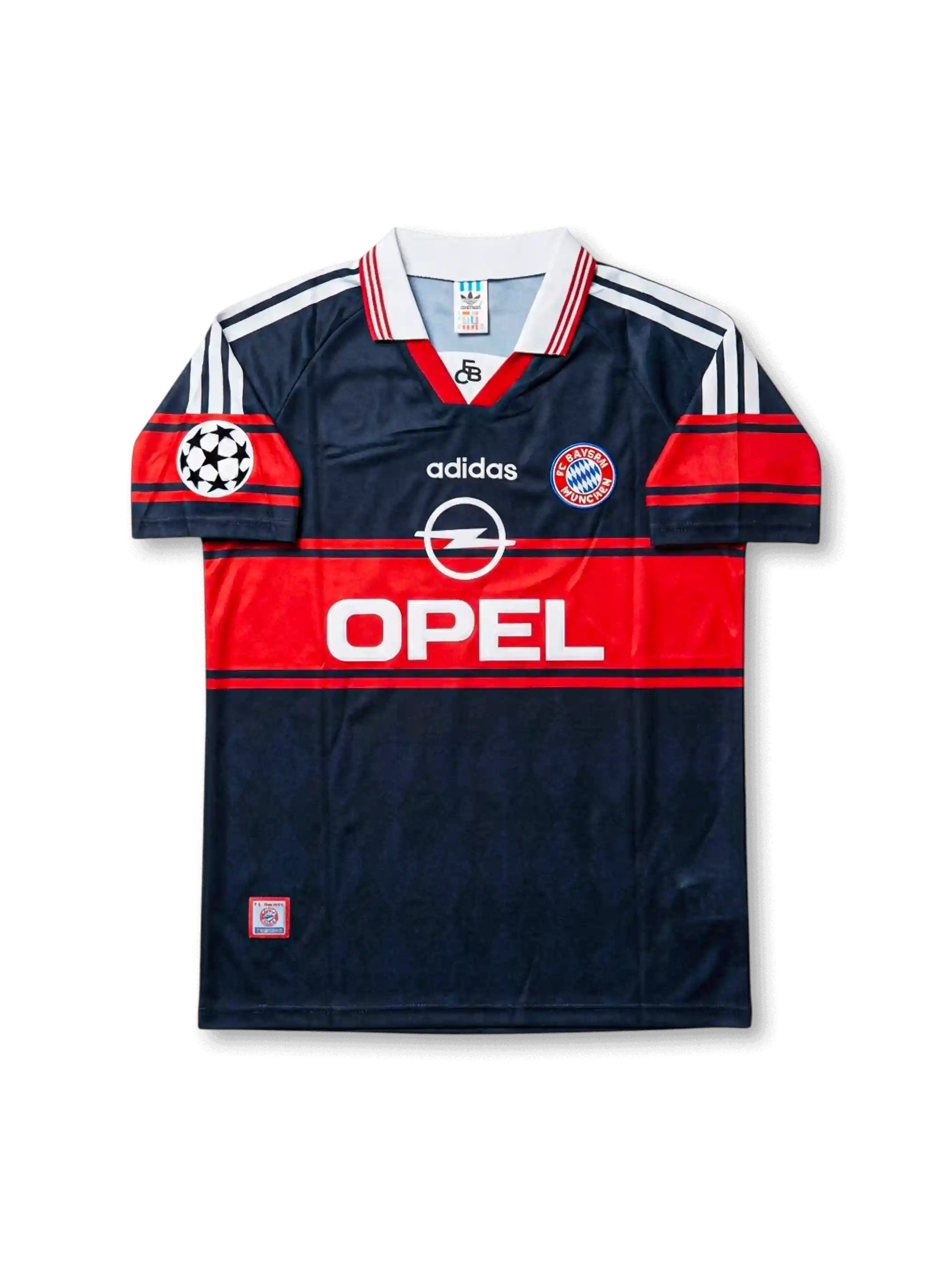 バイエルン・ミュンヘン 1997-99 アウェイジャージの正面、ネイビーボディ、赤い胸帯、OPELロゴ、クラブエンブレム、白い襟、欧州大会パッチが見えるデザイン