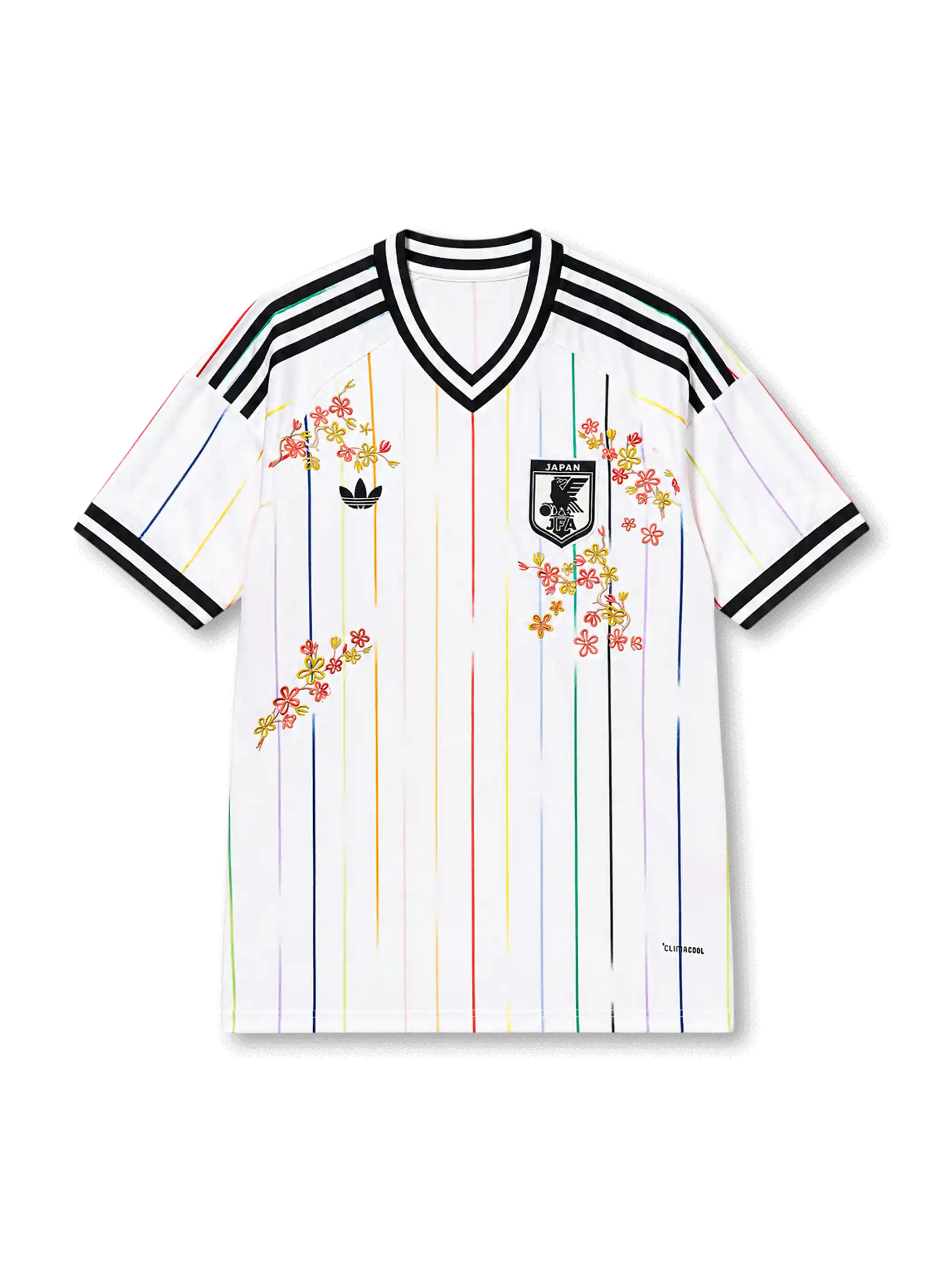 日本代表2026-27アウェイ手刺繍サクラジャージ正面、白地に虹色の縦ピンストライプ、ブラックのV字襟と3本ストライプ、JFA八咫烏エンブレム、胸から肩に立体的な桜の花と枝の刺繍、黒白リブ袖口