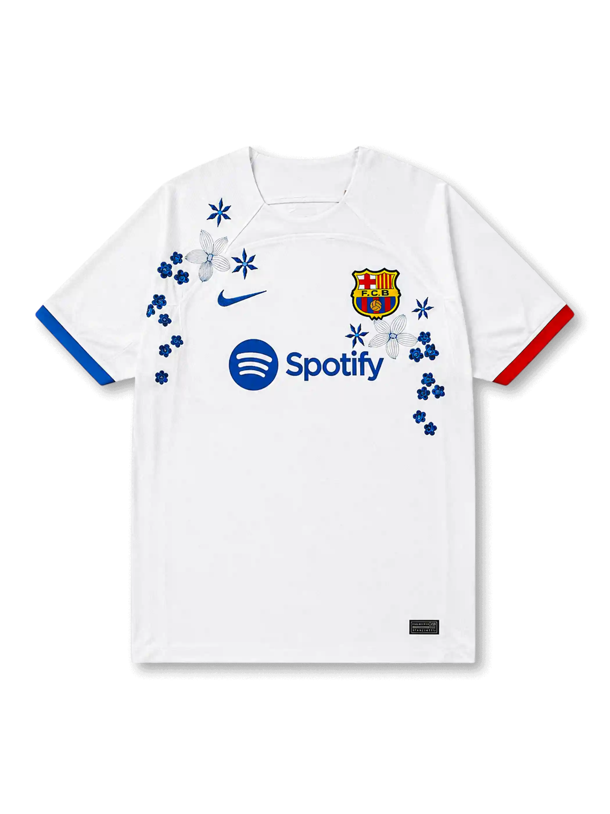 FCバルセロナ2023-24アウェイ手刺繍ジャージ正面、白地にブルーのスウッシュとF.C.Bエンブレム、Spotifyスポンサー、左青・右赤の非対称カフ、胸に青と白の花々と星形の花の立体的な刺繍