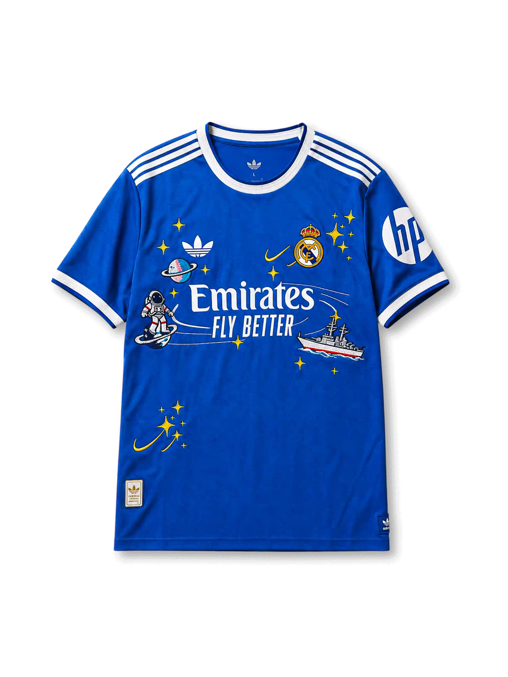 レアル・マドリードCF2025-26サード手刺繍カスタムジャージ正面、ベルナベウブルー地、白クルーネックリブ、両肩白セレーテッド3ストライプス、左胸白adidas Originalsトレフォイル&土星風惑星ハンド刺繍、右胸ゴールド王冠クラブクレスト&黄星彗星刺繍、右袖白HPスリーブスポンサー、中央白Emirates Fly Betterスポンサー、左に宇宙飛行士ホバーボード手刺繍、右下に戦艦アルマダ手刺繍、左下に流星群5芒星刺繍、左下裾adidas Originalsレトロ織りラベル