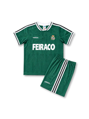 1999-00 デポルティーボ・ラ・コルーニャ ホーム キッズユニフォームセット front、グリーンボディ、FEIRACOロゴ、ホワイトライン襟