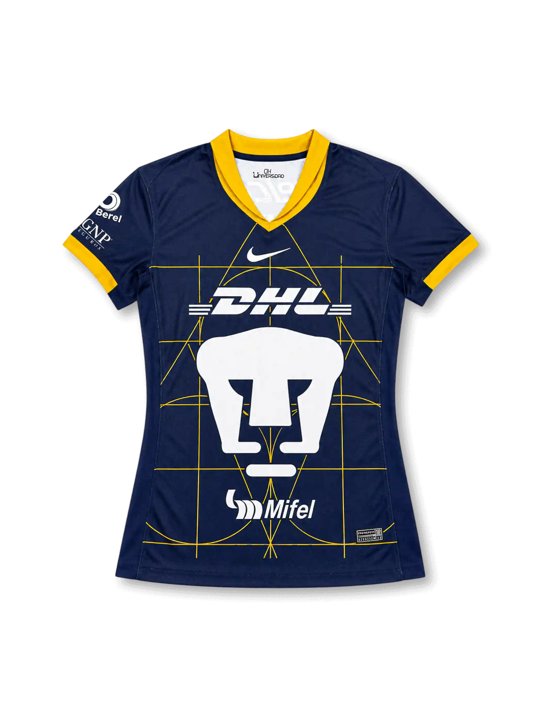 プーマス UNAM 2024/25 アウェイジャージ ウィメンズ 正面・ネイビー基調・黄金ブループリントグラフィック・大型プーマエンブレム・DHLスポンサー・イエローVネック