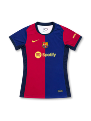 FCバルセロナ 2024/25 ホームジャージ ウィメンズ 正面・赤青二分割・Spotifyスポンサー・イエロースウッシュ・クラブエンブレム・ネイビー襟