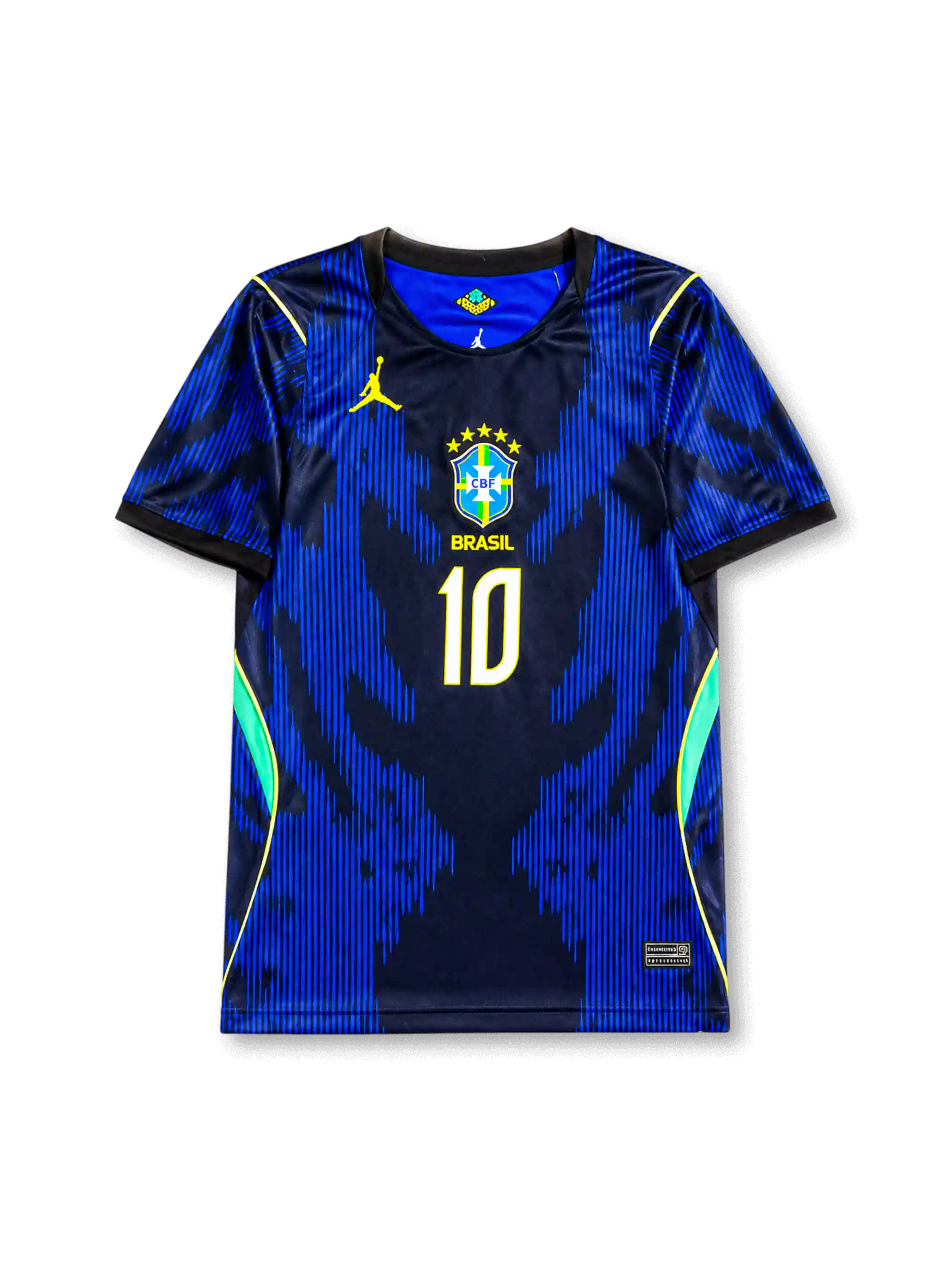 2026年ブラジル代表ワールドカップブルーアウェイユニフォーム正面、ダークネイビーボディ、ロイヤルブルー縦型グラフィック、胸中央ブラジル代表エンブレム、5つ星、BRASIL表記、蛍光イエロー背番号10、ミントグリーンサイド切り替え