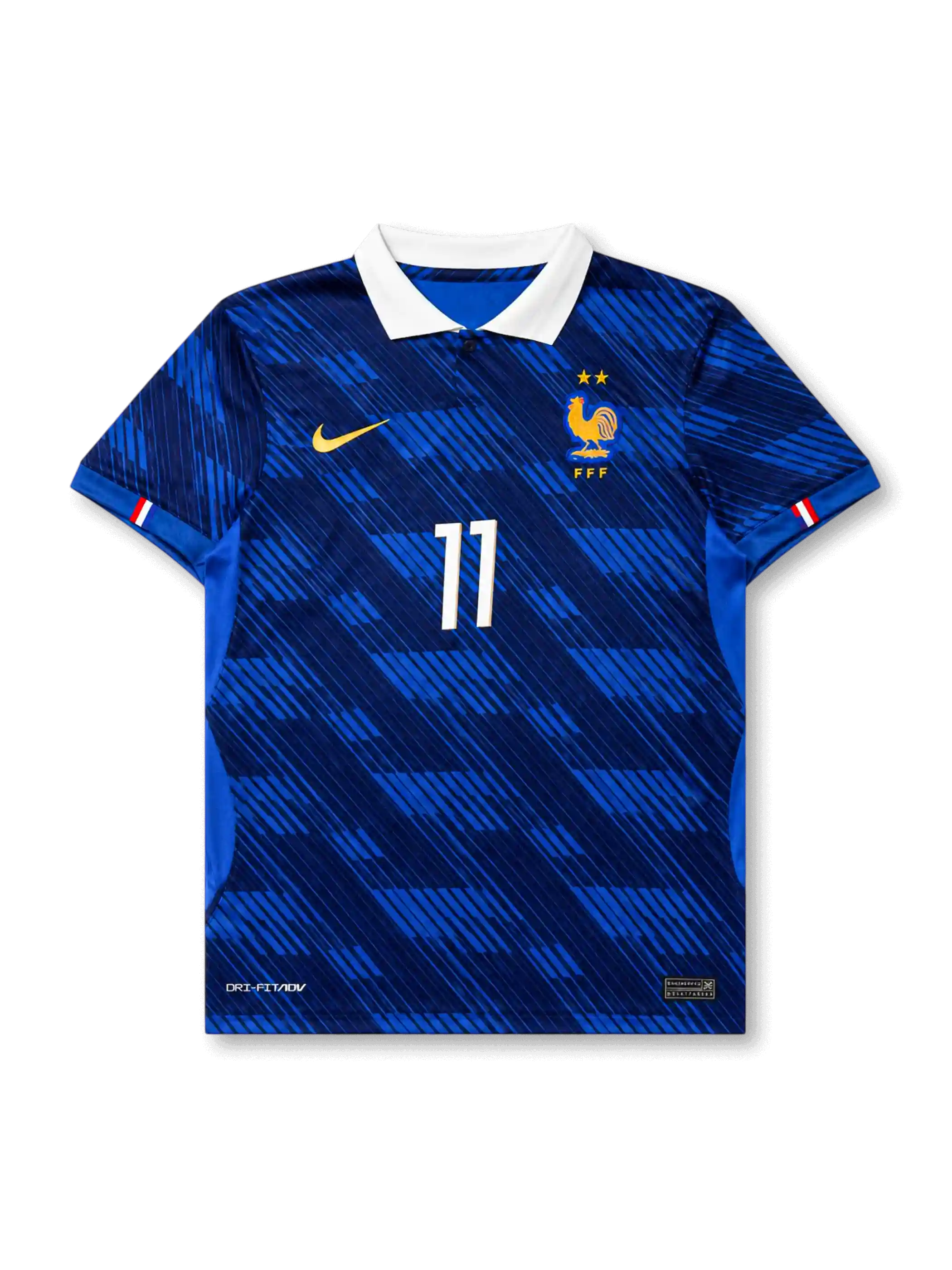 2026年フランス代表ワールドカップホームユニフォーム正面、ロイヤルブルーボディ、斜めストライプグラフィック、白襟、胸元フランス代表エンブレム、2つ星、前面背番号11、袖口トリコロールディテール