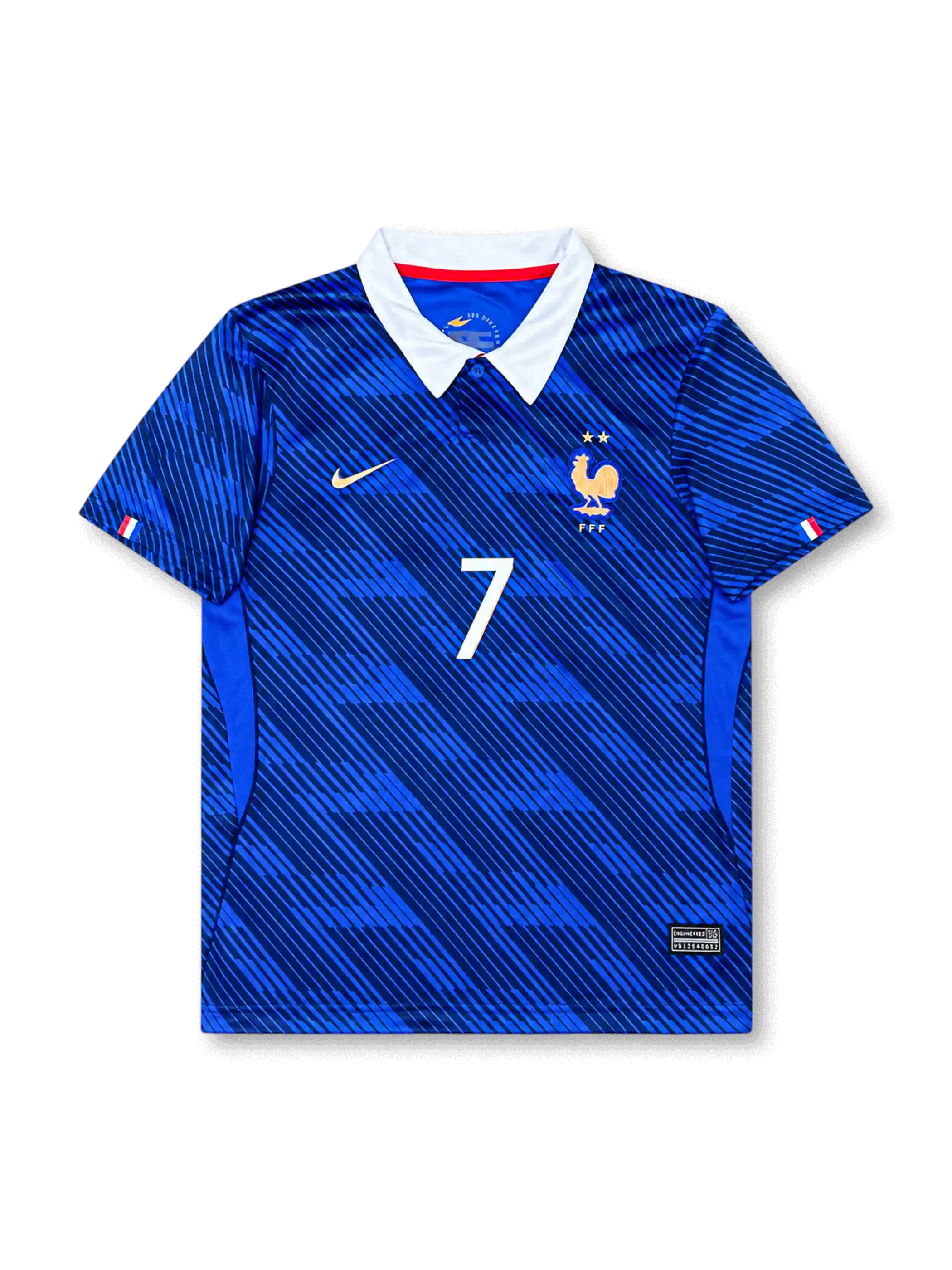 2026年フランス代表ワールドカップホームユニフォーム正面、ロイヤルブルーボディ、斜めストライプグラフィック、白襟、胸元フランス代表エンブレム、2つ星、前面背番号7、袖口トリコロールディテール