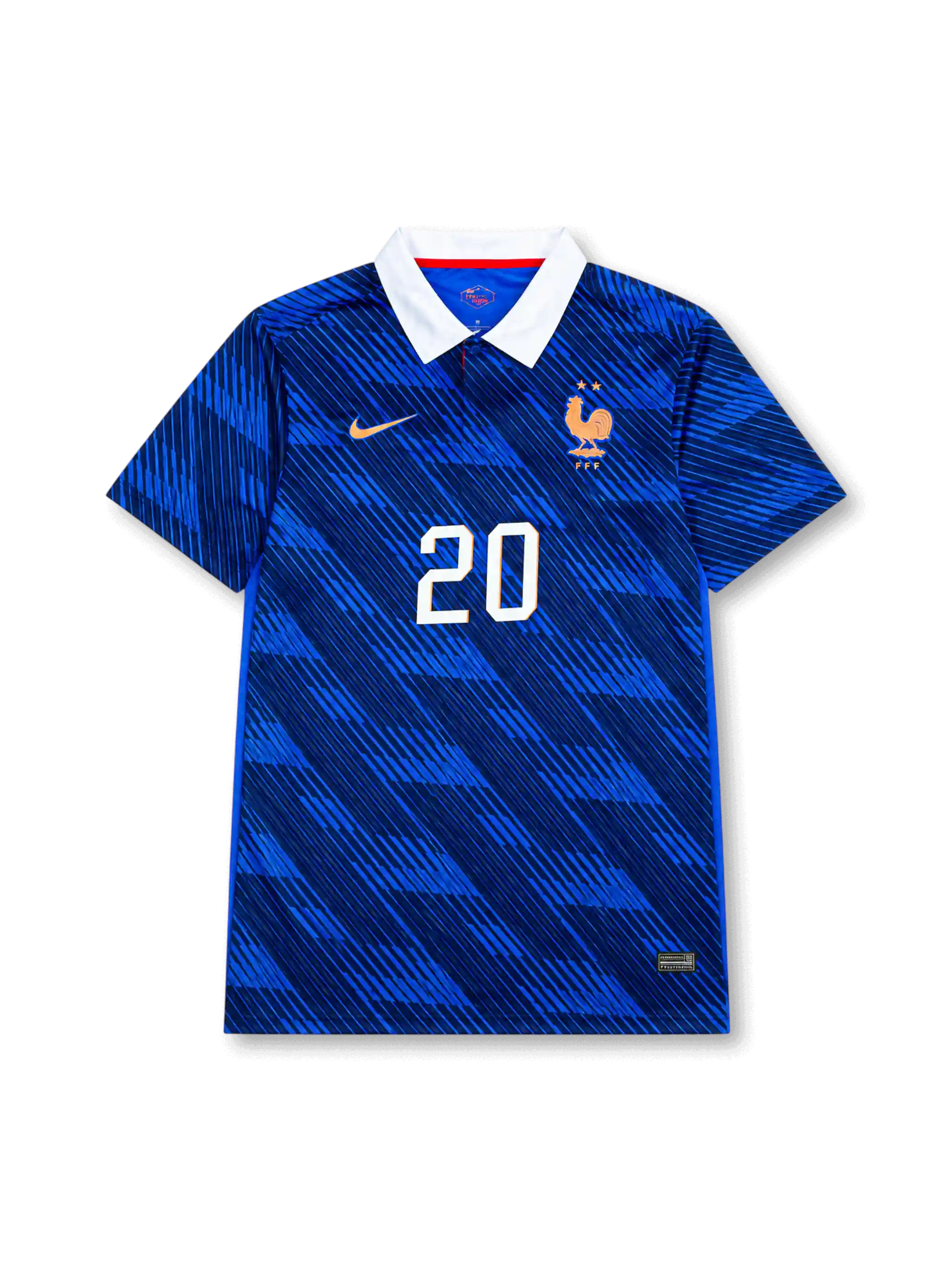 2026年フランス代表ワールドカップホームユニフォーム正面、ブルーボディ、白襟、胸元フランス代表エンブレム、前面背番号20、斜線グラフィック、袖口トリコロールアクセント