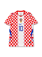 2026年クロアチア代表ワールドカップホームユニフォーム正面、ホワイトベース、赤白チェッカーパターン、HNSエンブレム、ブルーロゴ、前面背番号10、ブルーサイド切り替え