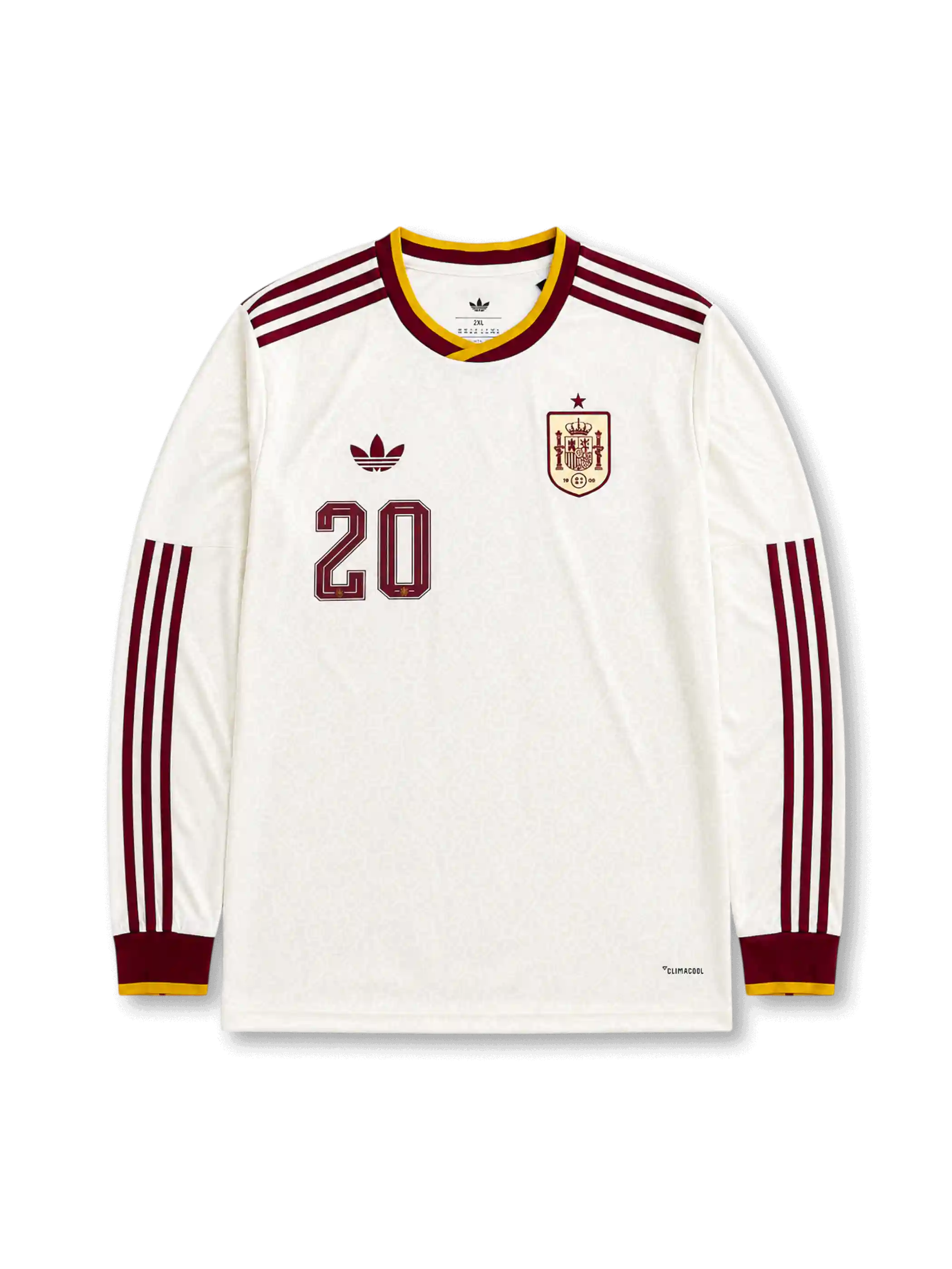 生成り地に肩から袖へクラレットの3本ストライプ、クラレットとイエローのクルーネック、トレフォイルロゴ、星付きスペイン連盟エンブレム、フロントのクラレット20番を備えたアウェイ長袖ユニフォーム正面
