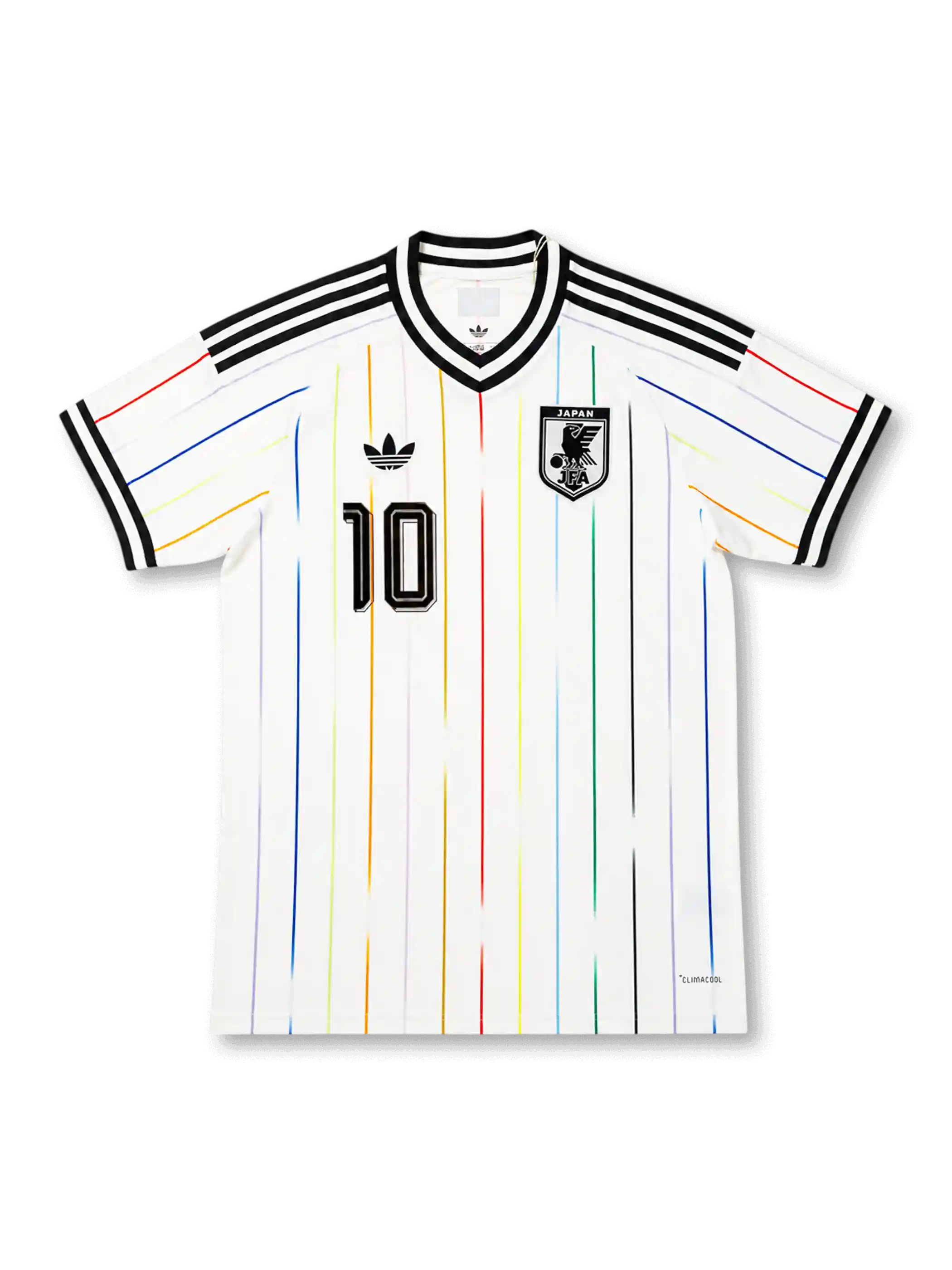 日本代表2026ワールドカップアウェイモデル、白地に七色のピンストライプを走らせ、堂安律の背番号10を冠したユニフォーム、vintage football jersey, retro Japan kit, classic soccer shirt