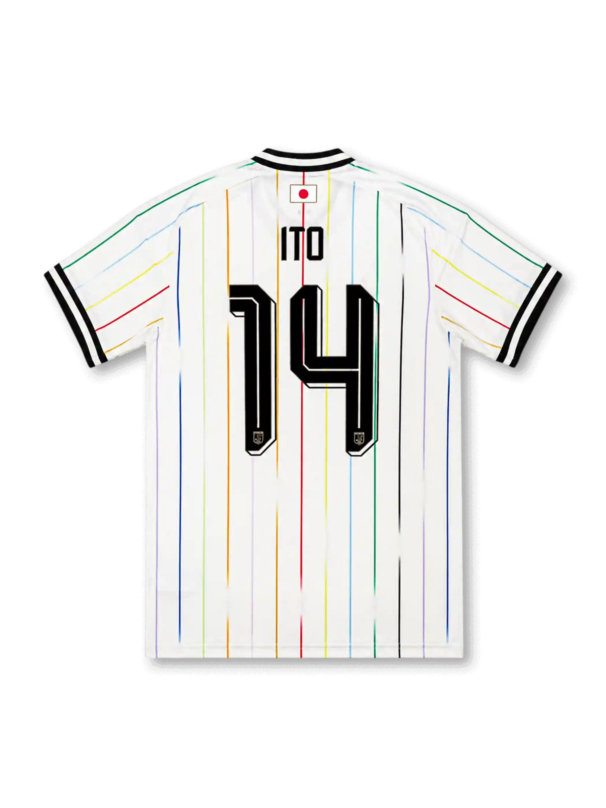 2026年日本代表ワールドカップアウェイユニフォーム背面、ITOネーム、14番マーキング、ホワイトボディ、マルチカラー縦ライン、襟下の日の丸ディテール