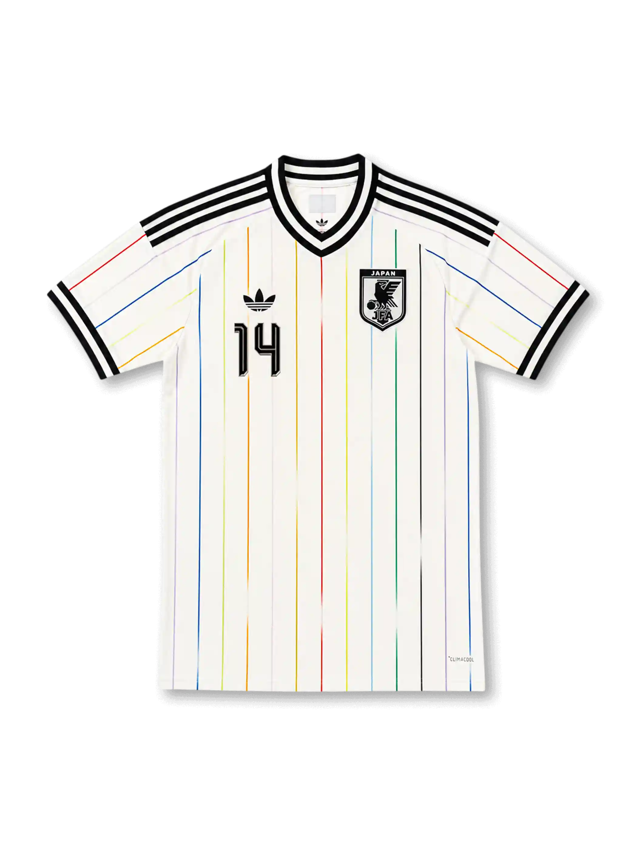 2026年日本代表ワールドカップアウェイユニフォーム正面、ホワイトボディ、マルチカラー縦ライン、ブラックVネック、日本代表エンブレム、胸番号14