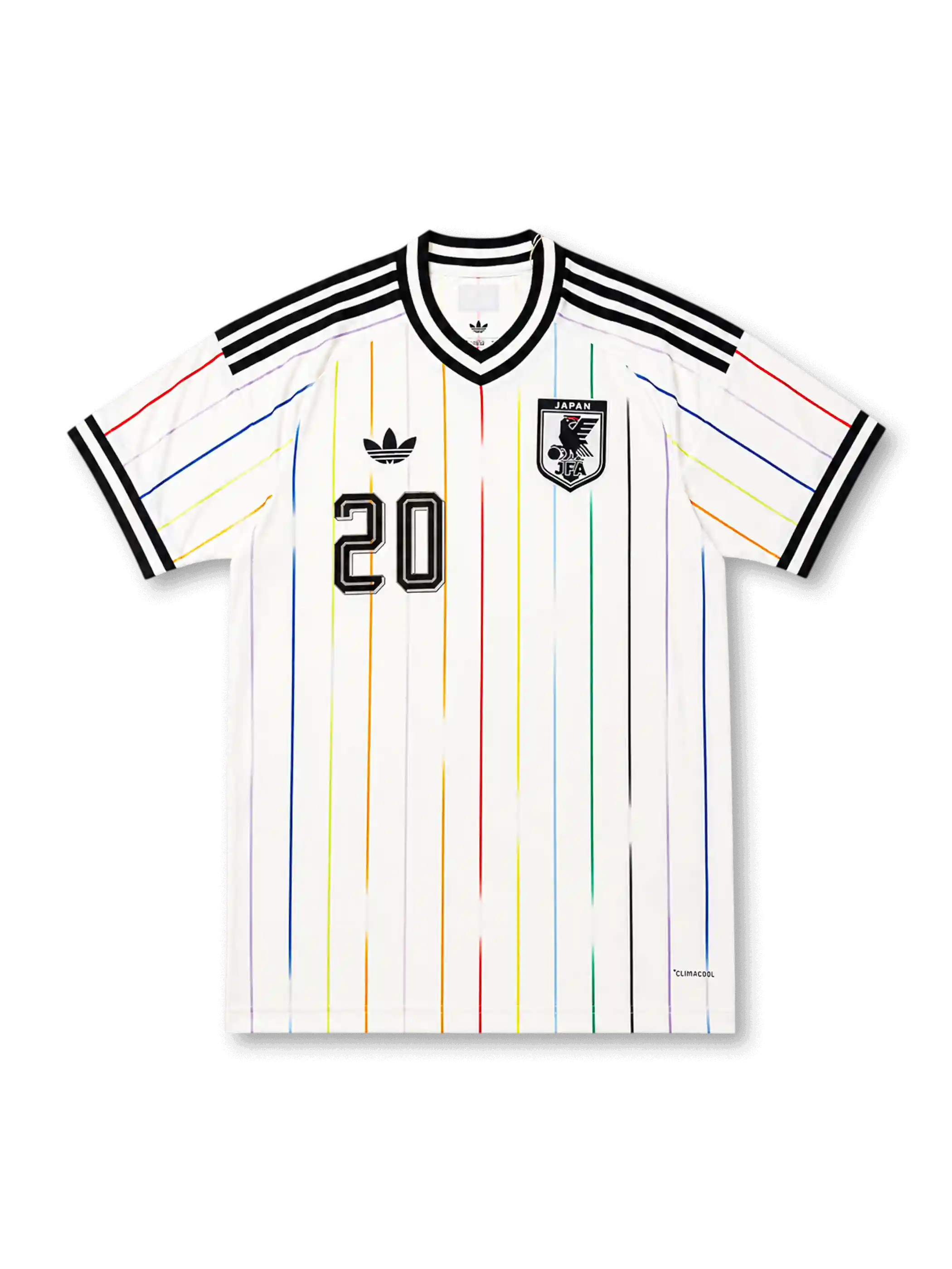 2026年日本代表ワールドカップアウェイユニフォーム正面、ホワイトボディ、マルチカラー縦ライン、ブラックVネック、日本代表エンブレム、胸番号14