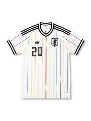 2026年日本代表ワールドカップアウェイユニフォーム正面、ホワイトボディ、マルチカラー縦ライン、ブラックVネック、日本代表エンブレム、胸番号14
