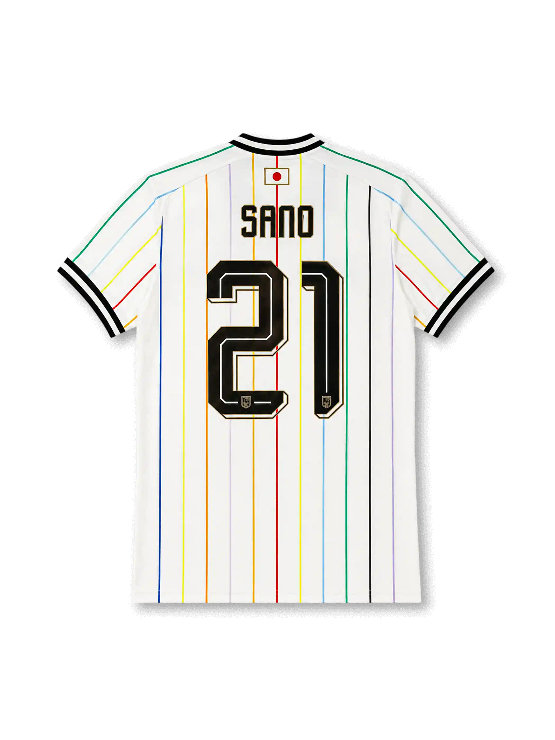 2026年日本代表ワールドカップアウェイユニフォーム背面、ITOネーム、14番マーキング、ホワイトボディ、マルチカラー縦ライン、襟下の日の丸ディテール