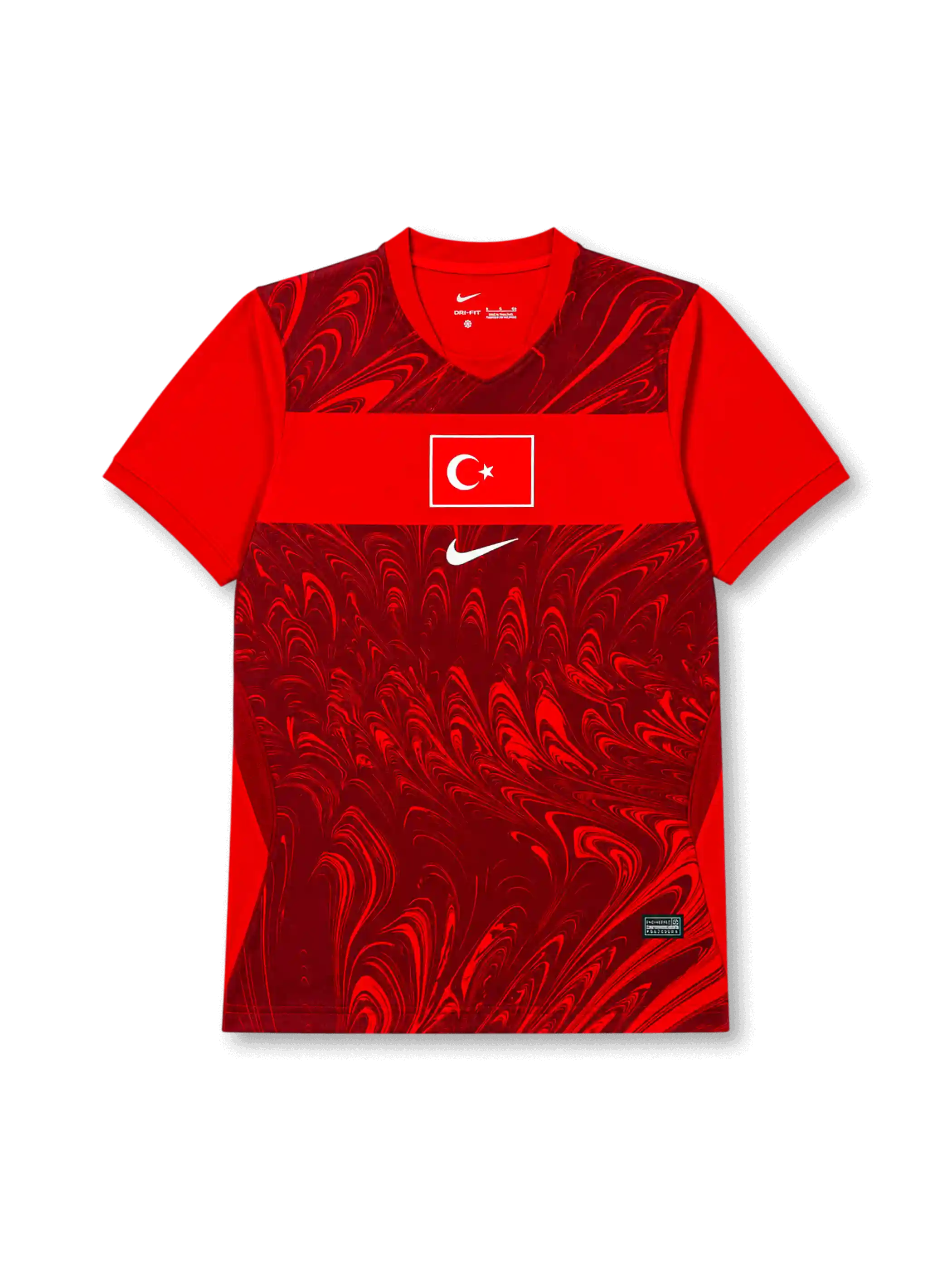 2026/27年トルコ代表アウェイジャージ正面、レッド、Vネック、胸にトルコ国旗モチーフ、中央にホワイトスウッシュ、前面にダークレッドのマーブル調グラフィック