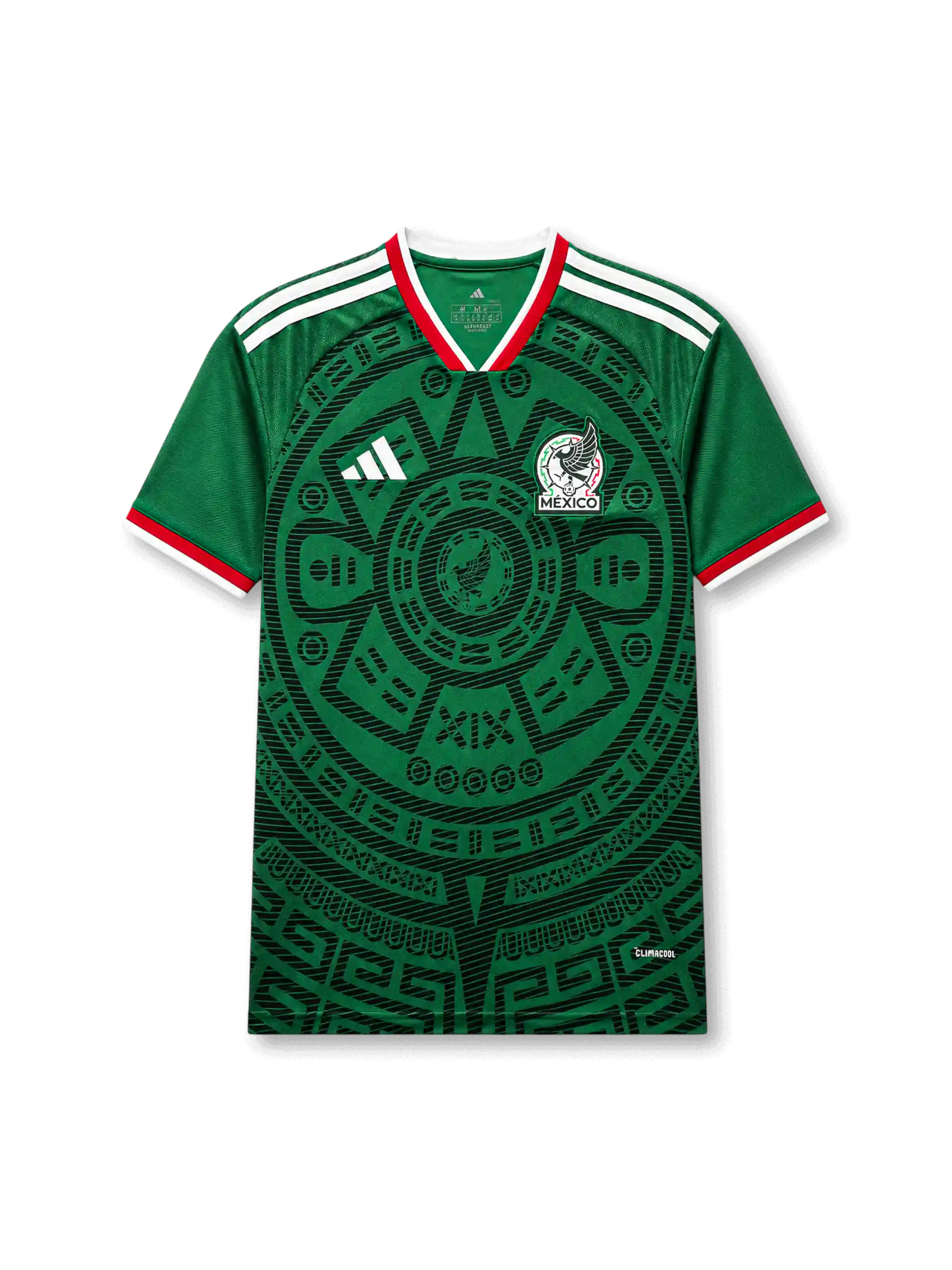 メキシコ代表2026ホームジャージ正面、グリーンボディ、古代意匠風の大きな円形グラフィック、ホワイトの肩3ストライプ、代表エンブレム、Vネック、半袖デザイン