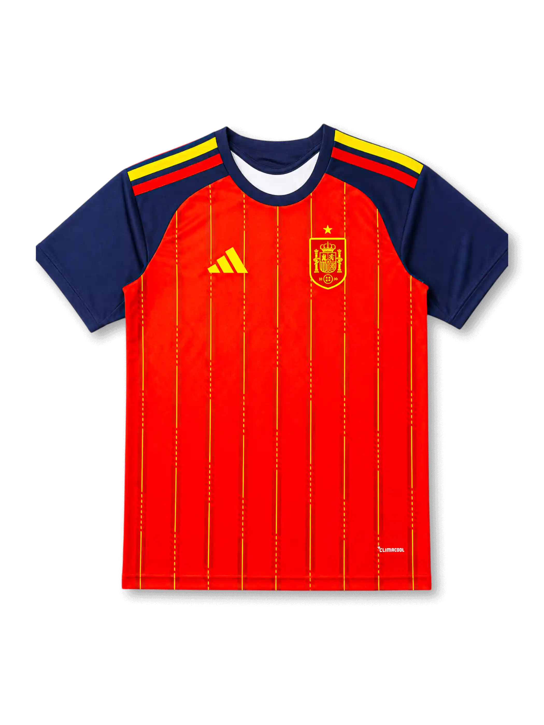 スペイン代表2026ホームジャージ正面、レッドボディ、イエローの縦ライン、ネイビーの袖、イエローの胸ロゴ、一つ星付き代表エンブレム、クルーネック、半袖デザイン