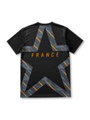 ブラックの背面にグレーの斜線とオレンジラインで構成した大きなスターモチーフとFRANCEロゴを配した2026年フランス代表ブラックゴールキーパーシャツ背面