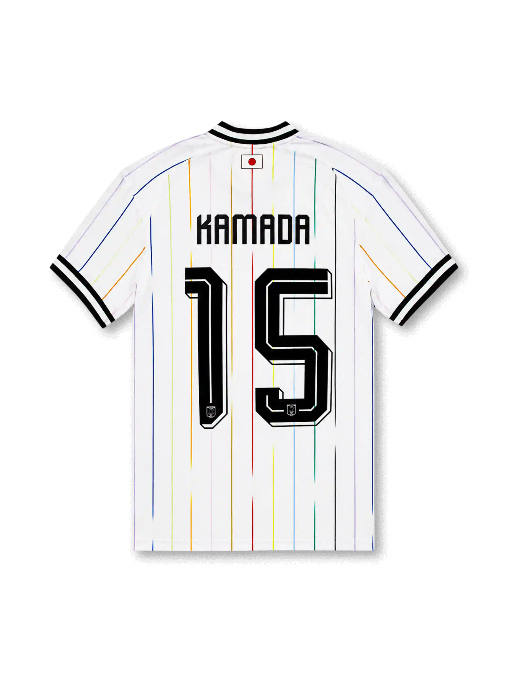 2026年日本代表アウェイジャージ背面、ホワイト、多色の縦ライン、首元に日の丸、KAMADAネーム、背番号15