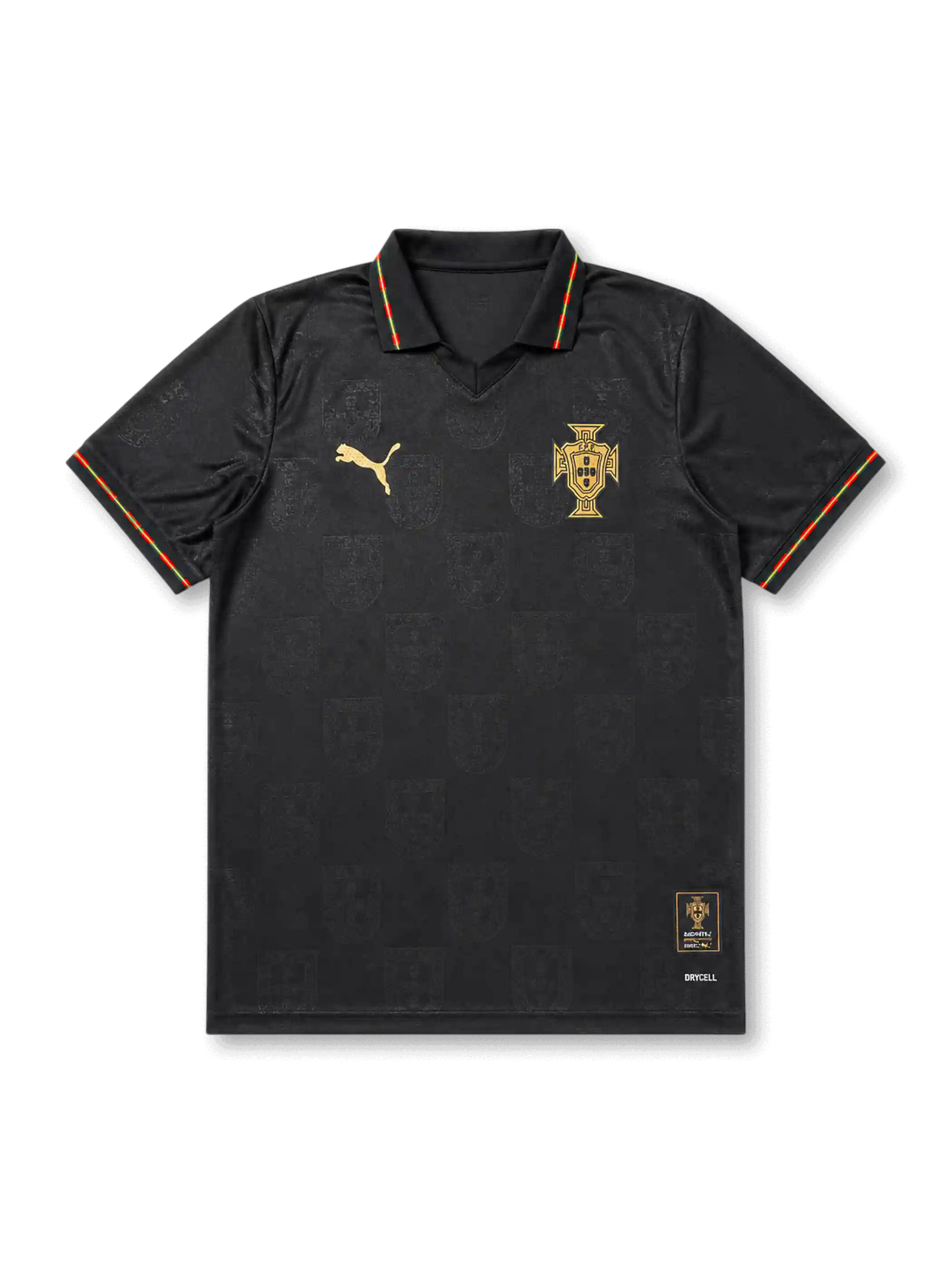 ブラックのボディにゴールドの代表エンブレムとスポーツロゴ、ポロ襟、レッドとグリーンの袖口ラインを配した2026ポルトガル代表特別版Authenticユニフォーム正面