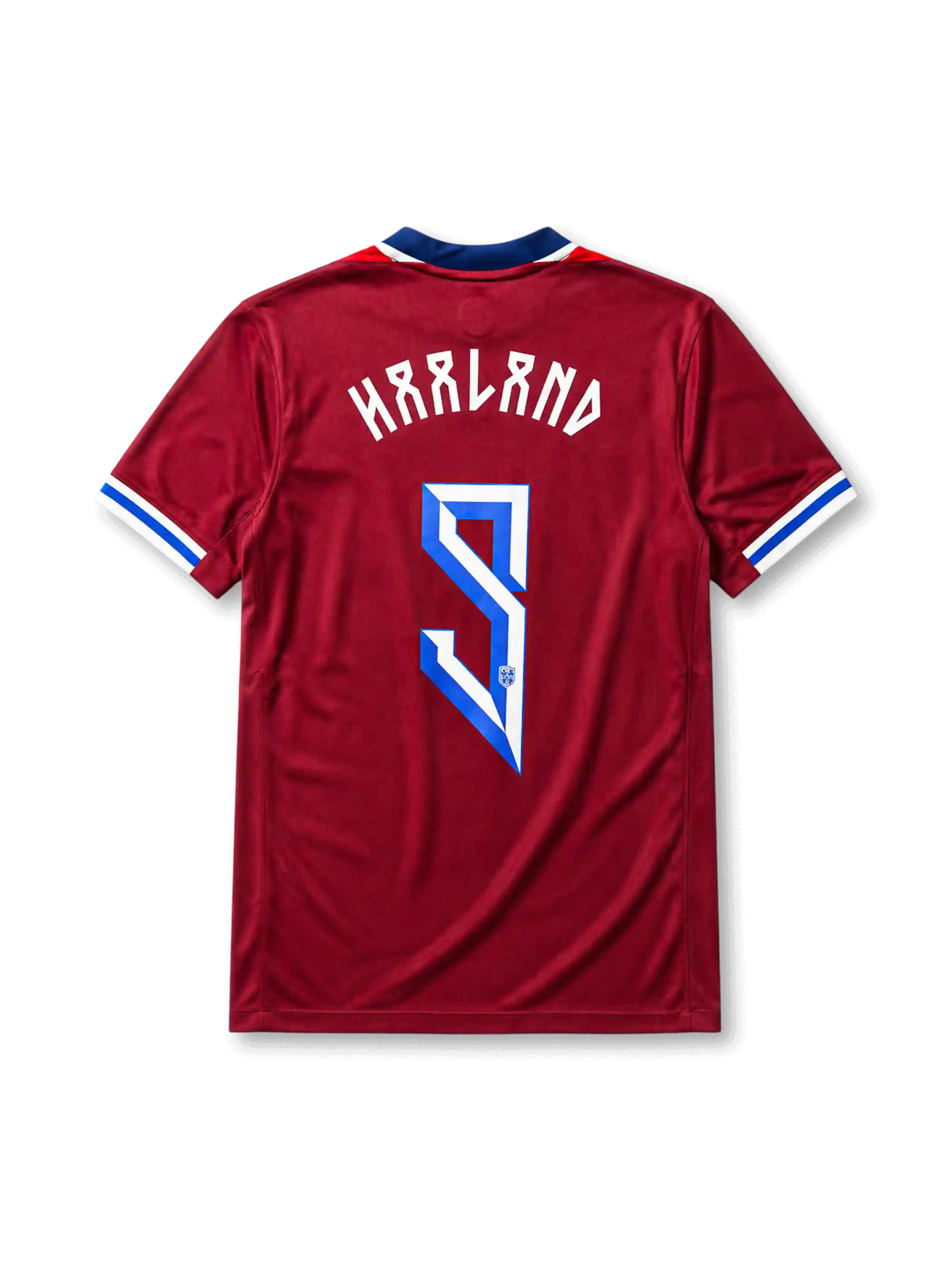 ノルウェー代表2024ホームユニフォーム背面・深いレッド地にルーン文字風レタリングで「HAALAND」と大きな番号9、白×ブルーの袖トリム