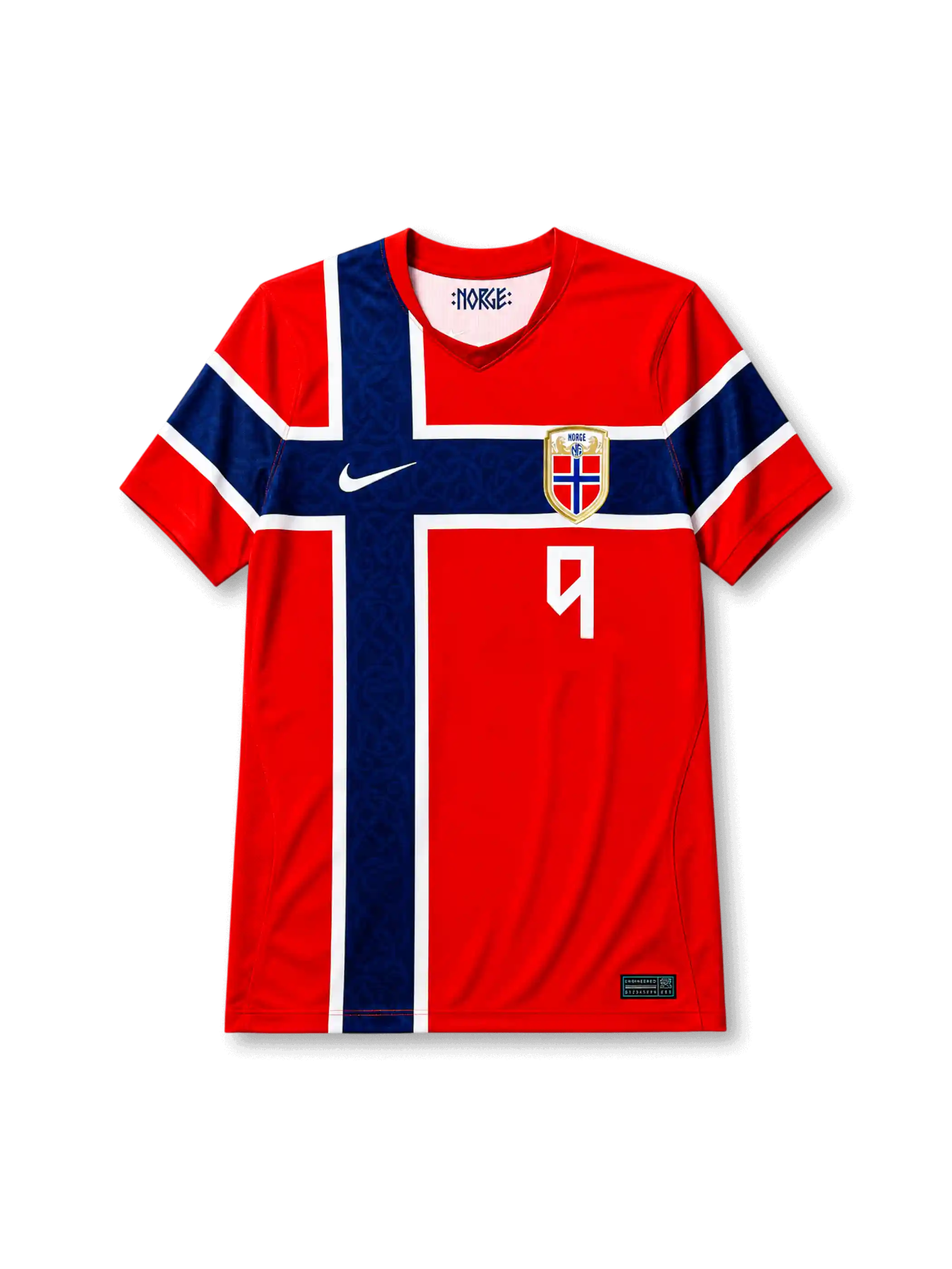 ノルウェー代表2026ホームユニフォーム前面・鮮やかレッド地にネイビー×白の国旗クロス、獅子のNFFエンブレム、ホワイトのナイキスウッシュ、ルーン文字風の白い背番号9