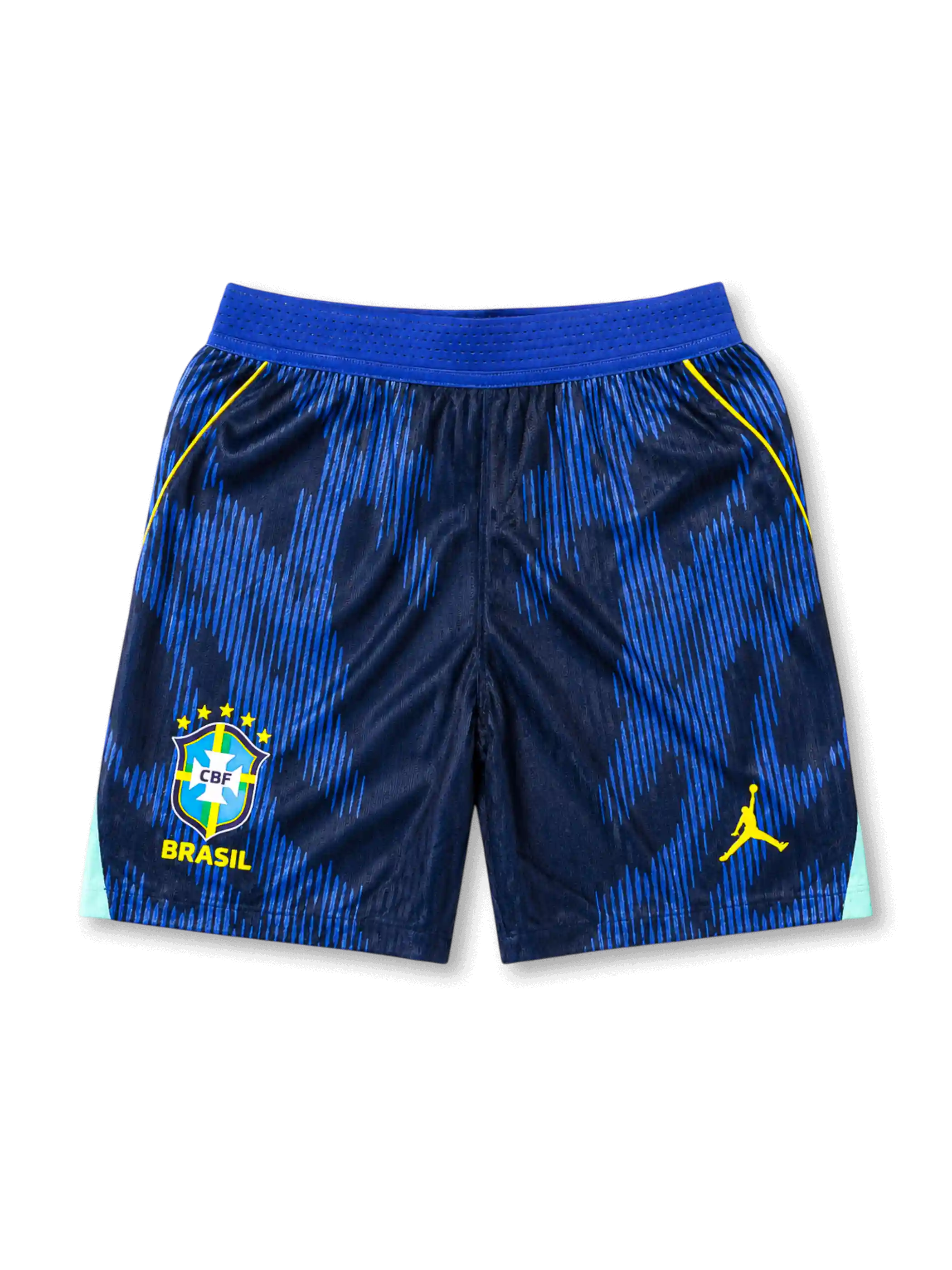 ブラジル代表2026ワールドカップ アウェイ オーセンティック ショーツ前面・ネイビー×ブルーの躍動的グラフィックにイエローのパイピングとミントの差し色、左裾に5つ星CBF BRASILエンブレム、右裾にイエローのジャンプマンロゴ